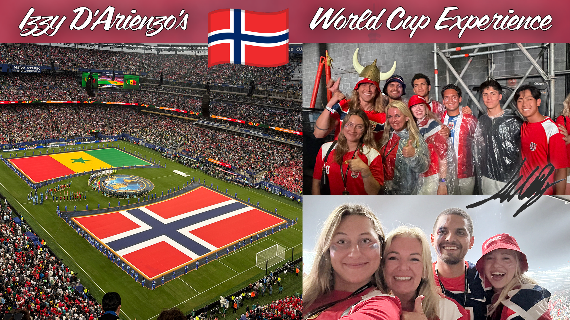 three pictures of scenes from a World Cup game, at left two large flags displayed on a grass field, and at right fans cheering for Norway