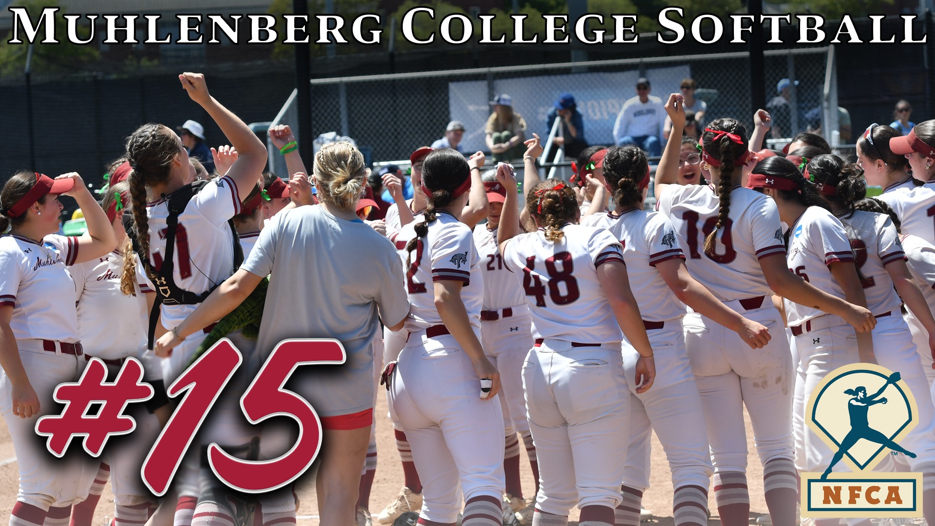 a softball team in white uniforms huddling in a circle with the text Muhlenberg College Softball at the top in white and #15 in red at lower left