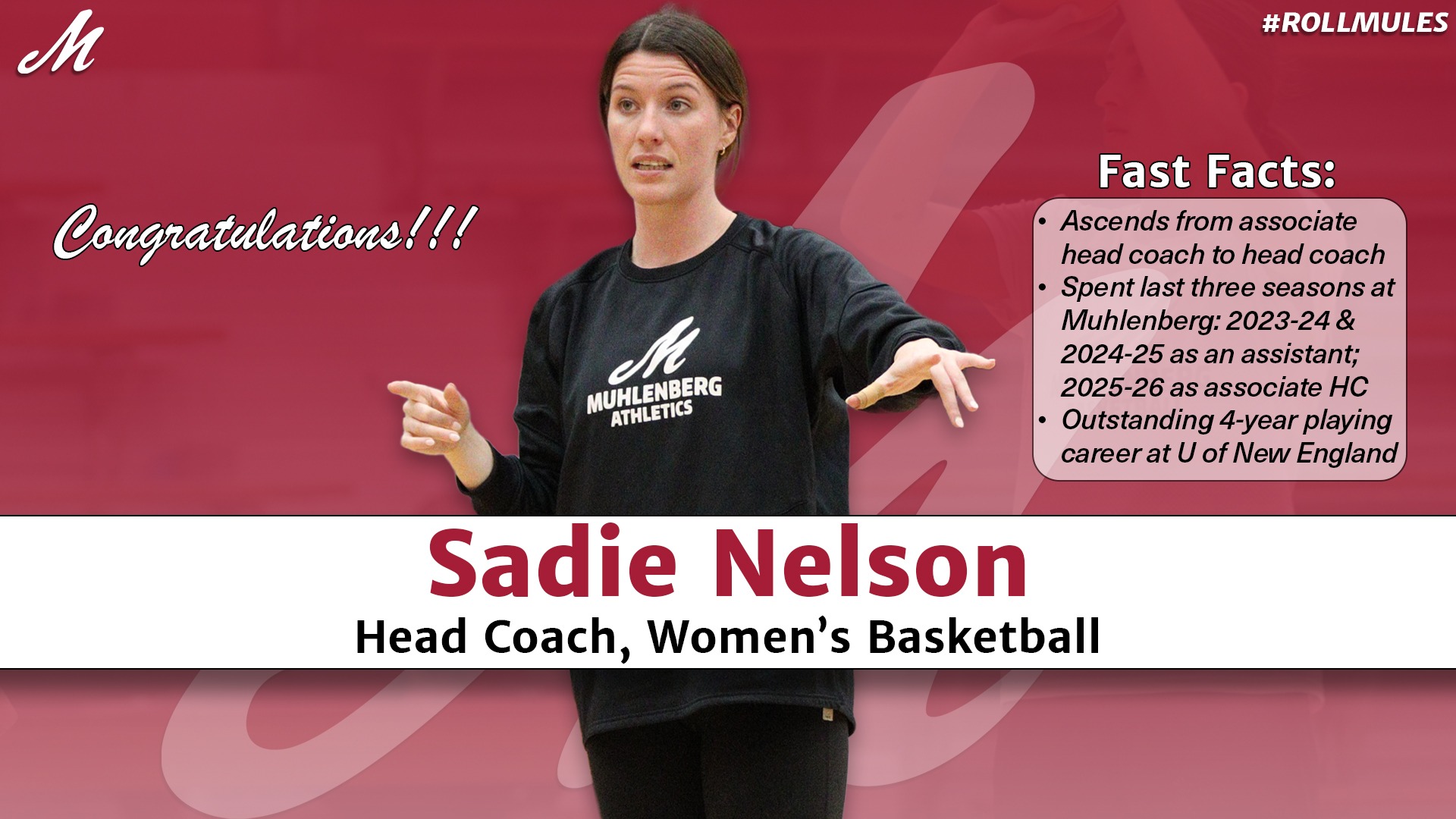 a cutout of a women's basketball coach in a black t-shirt against a red background with the text Sadie Nelson, Head Coach Women's Basketball