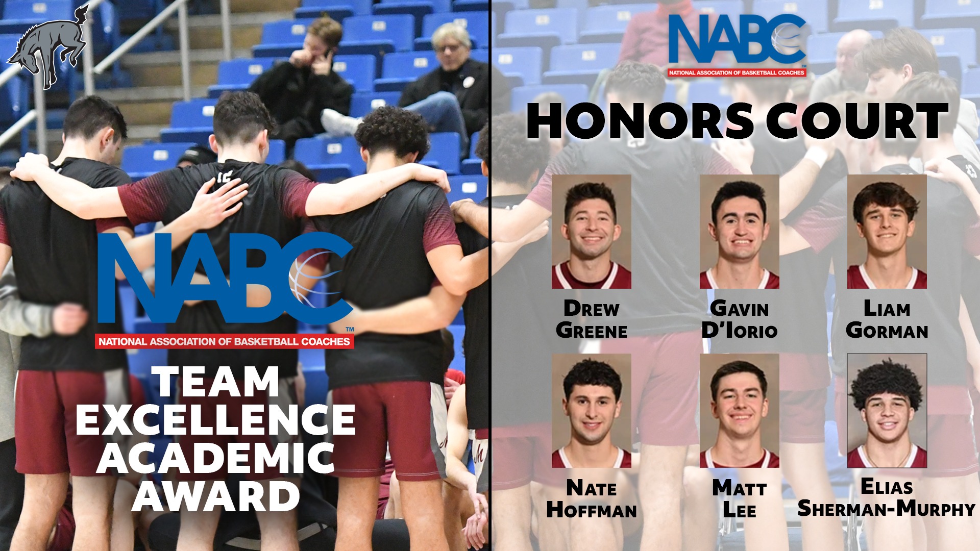 at left, a men's basketball team huddle with the text NABC Team Academic Excellence Award, and at right, six head shots of men's basketball players with the text NABC Honors Court