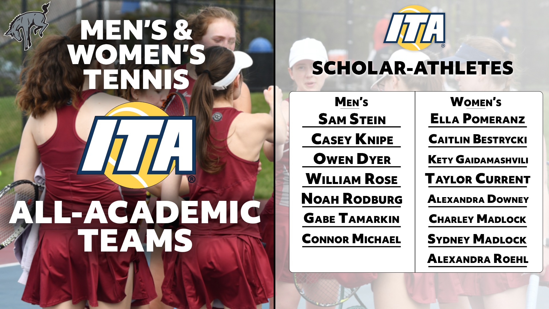 a picture of a tennis team huddle, with the text Men's & Women's Tennis All-Academic teams at left and Scholar-Athletes at right, above the names of the honorees