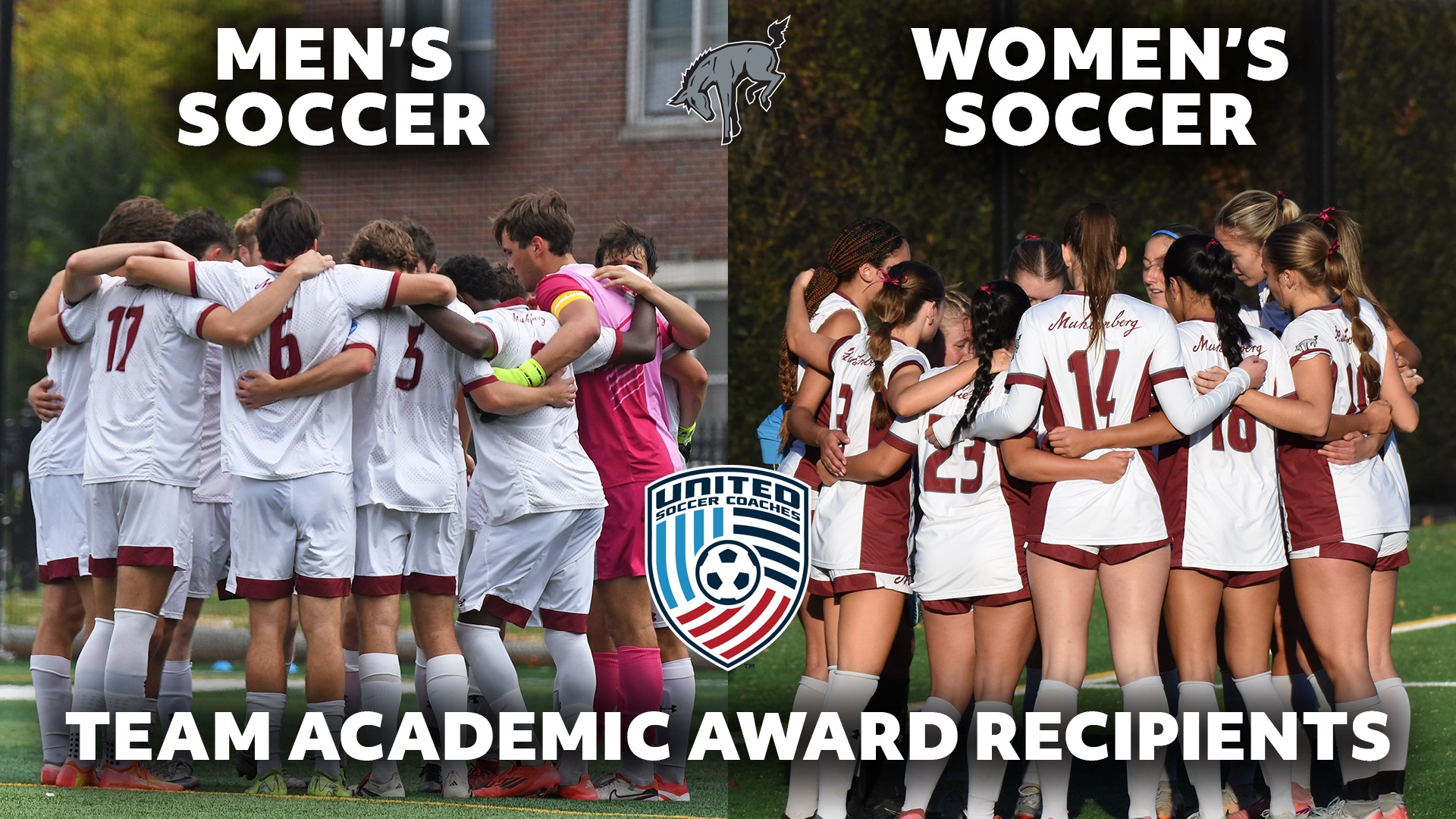 men's and women's soccer team huddles with the text TEAM ACADEMIC AWARD RECIPIENTS in white at the bottom