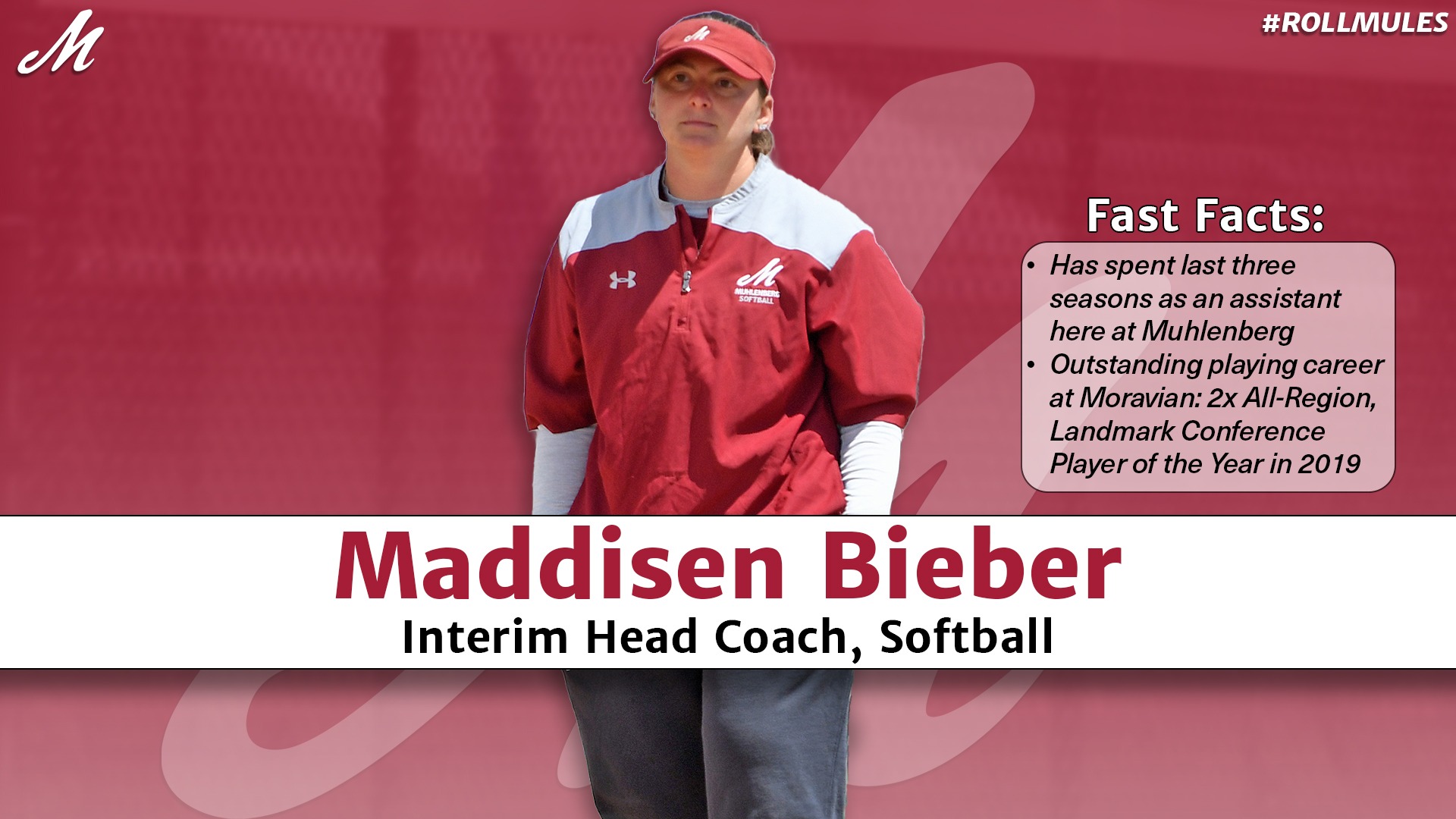 a cutout of a softball coach wearing a light red jacket, red visor and black sweatpants over a textured red background with the letter M  