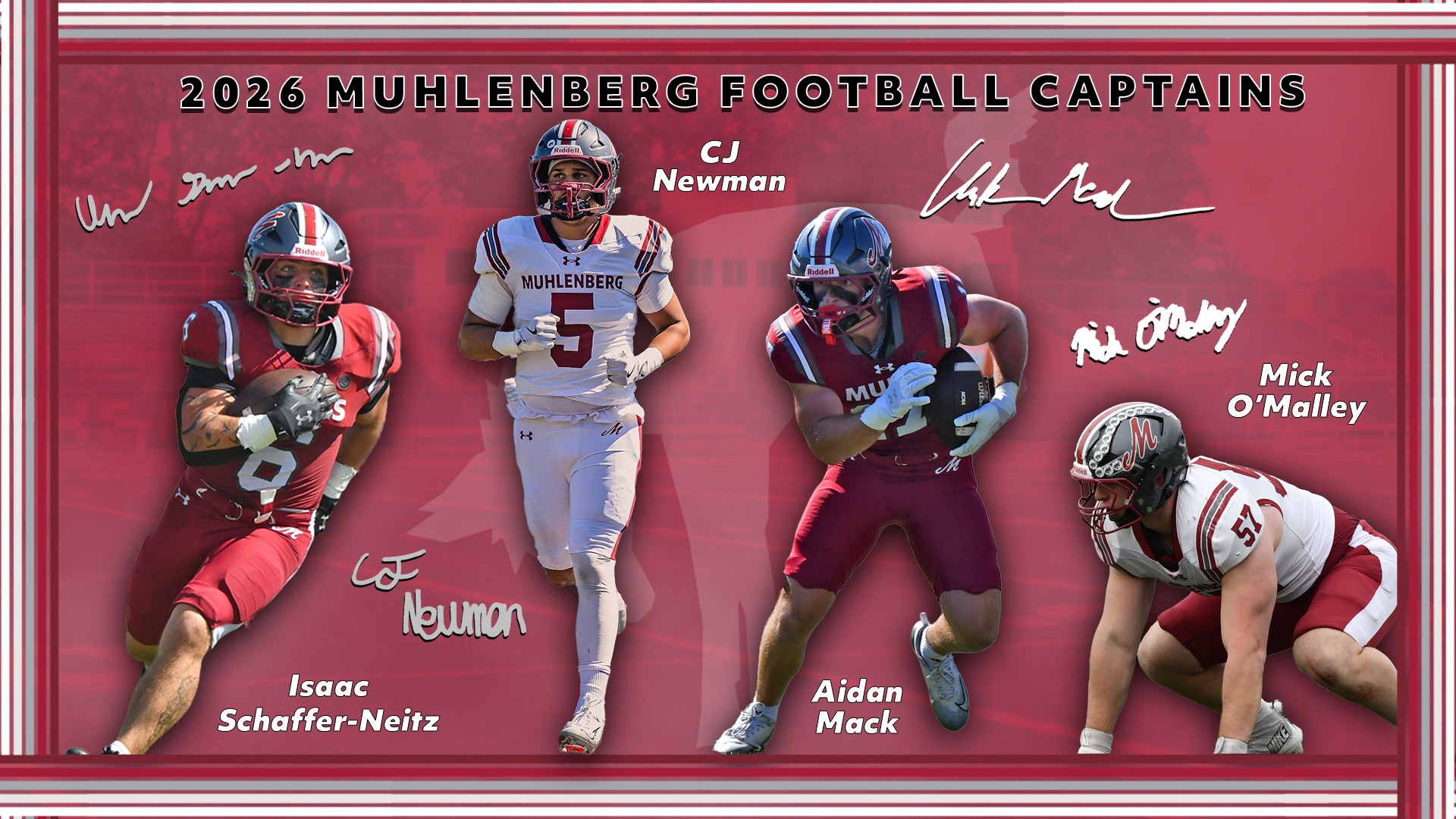 cutouts of four football players, two in red uniforms and two in white uniforms, against a textured red background with the text 