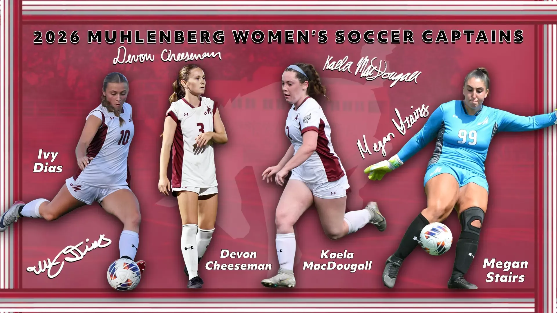 four cutouts of women's soccer players - three in white uniforms and a goalie in a blue uniform - against a light red background with the text 2026 Muhlenberg Women's Soccer Captains in black caps at the top