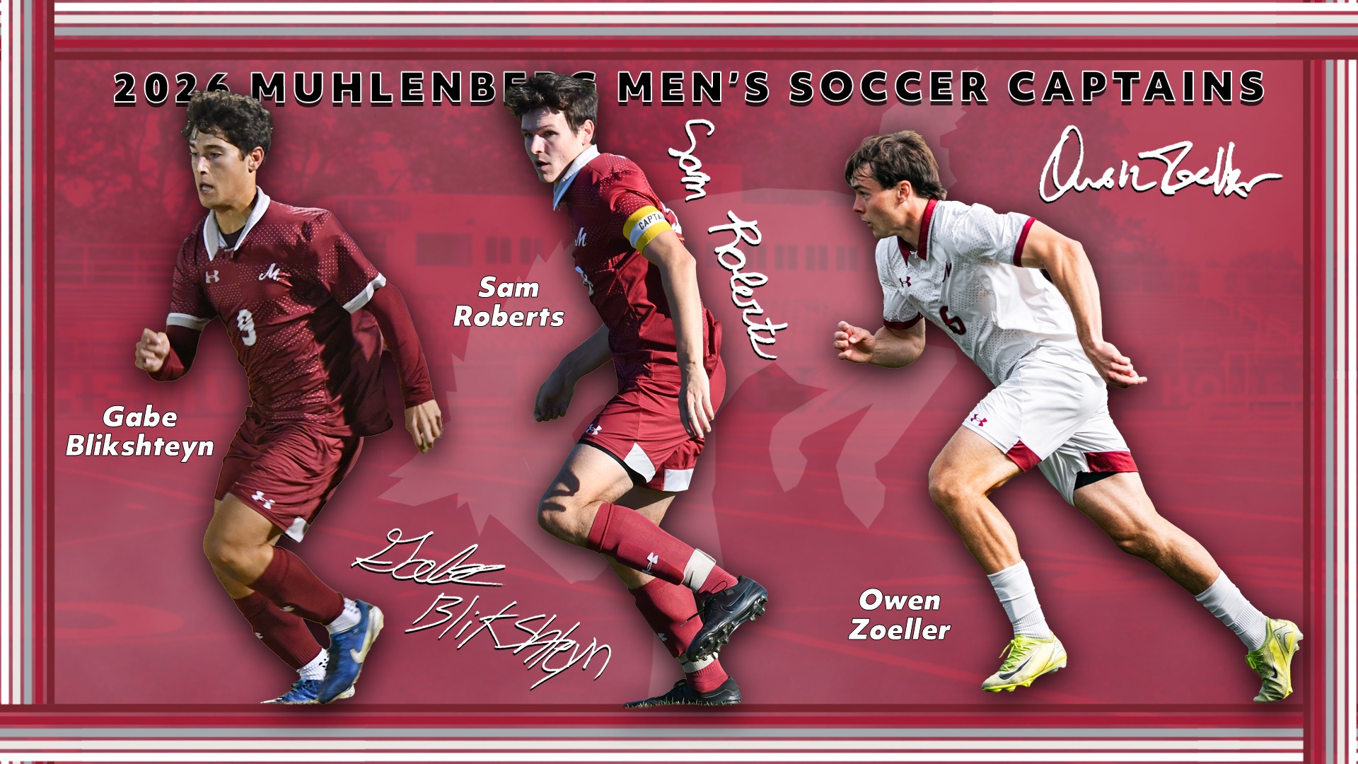 three cutouts of men's soccer players - two in red uniforms and one in a white uniform - against a light red background with the text 2026 Muhlenberg Men's Soccer Captains in black caps at the top