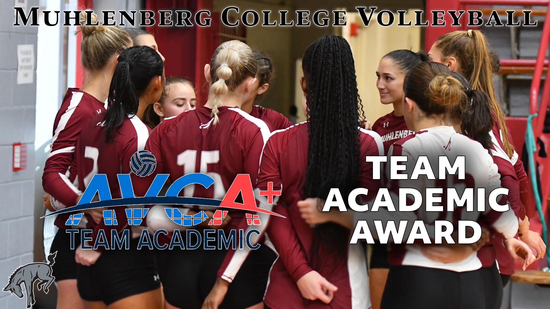 a volleyball team huddle with the text Muhlenberg College Volleyball in black centered at the top and Team Academic Award in white at the bottom