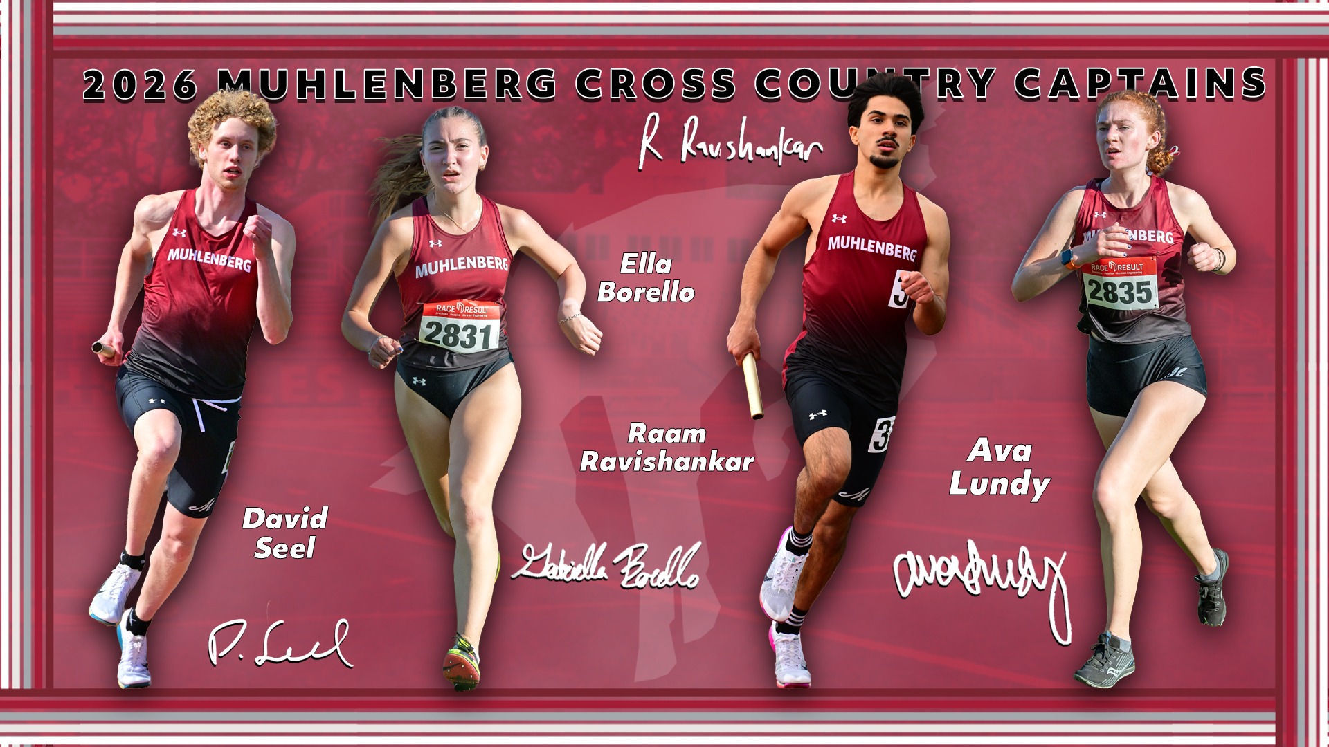 four cutouts of cross country runners in red tops and black shorts against a light red background with the text 2026 Muhlenberg Cross Country Captains in black caps at the top
