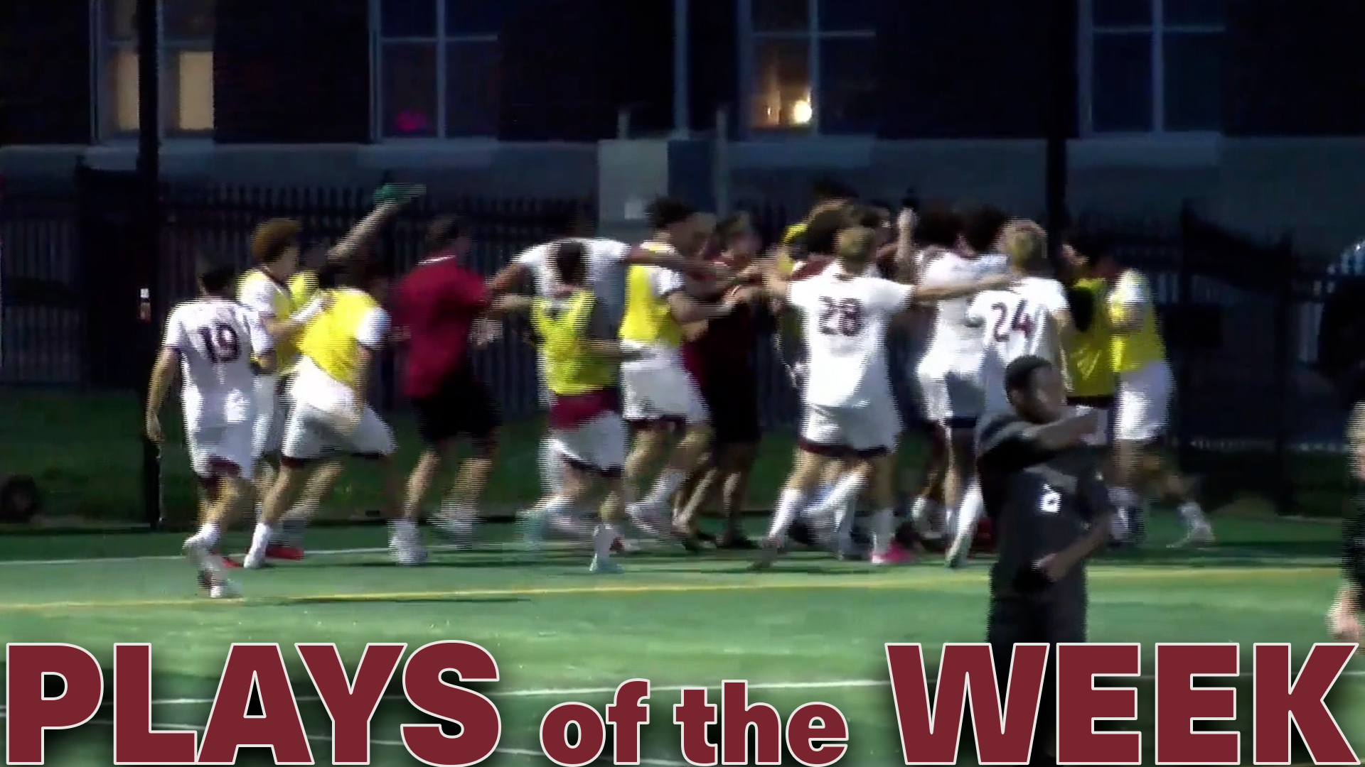 a men's soccer team celebrating at night with the text Plays of the Week in red at the bottom