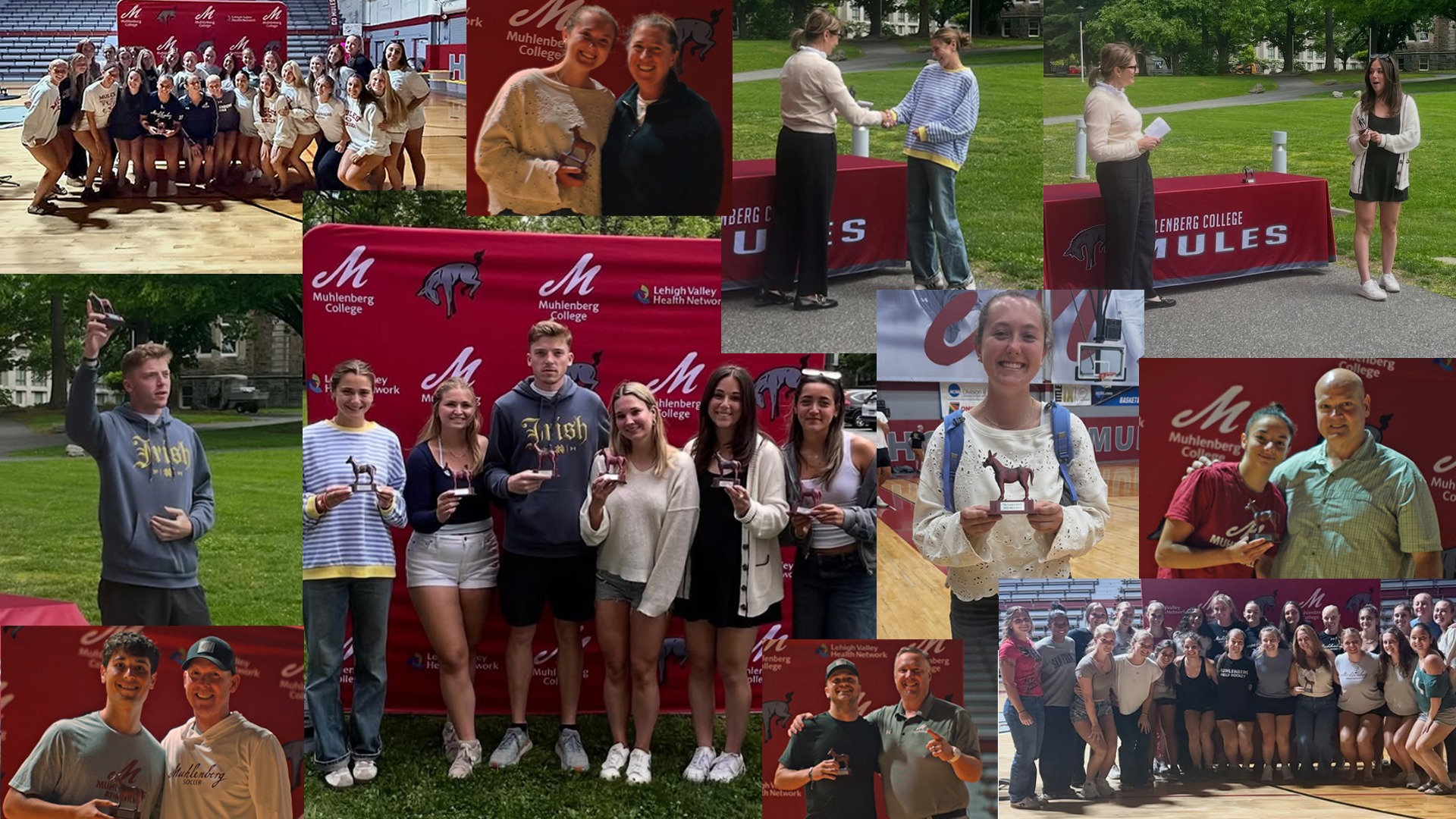A collage of Muhlenberg College students, athletes, and staff celebrating the 2026 Muleys Awards with trophies, group photos, and award presentations.