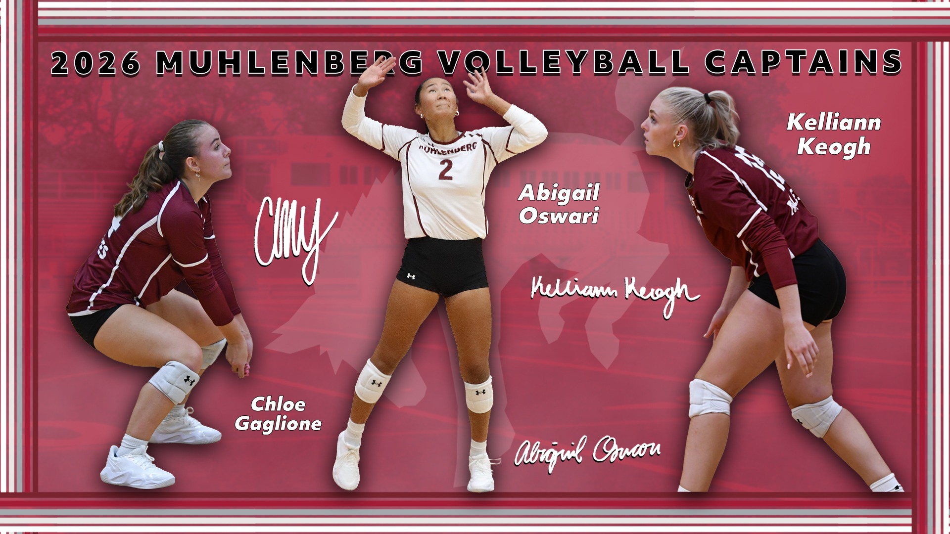 three cutouts of volleyball players in action, the two on the ends in red tops and black shorts and the one in the middle in a white top and black shorts, against a light red background with the text 2026 Muhlenberg Volleyball Captains in black caps at the top