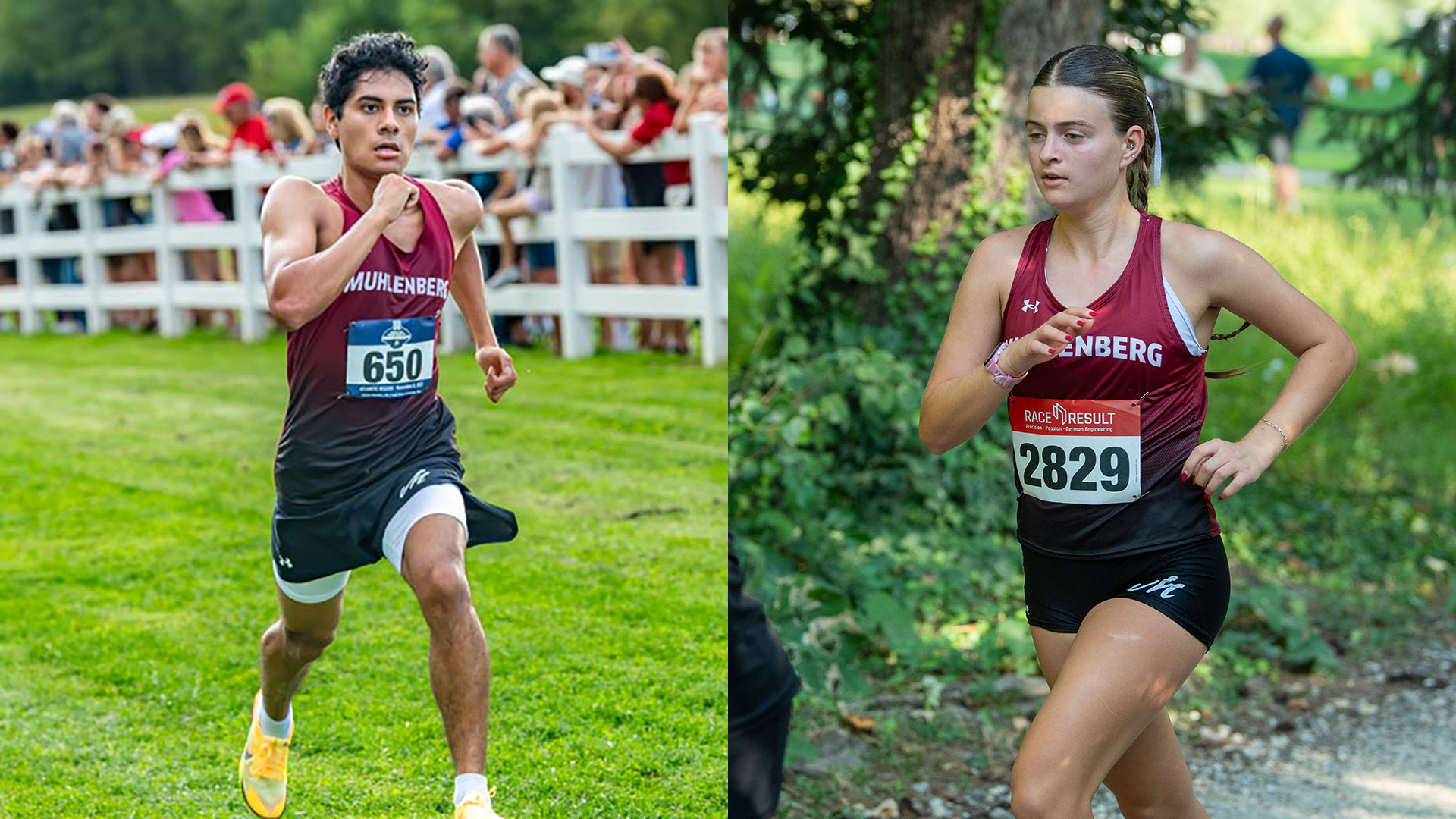 two runners, a male at left and female at right, in red tops and black shorts