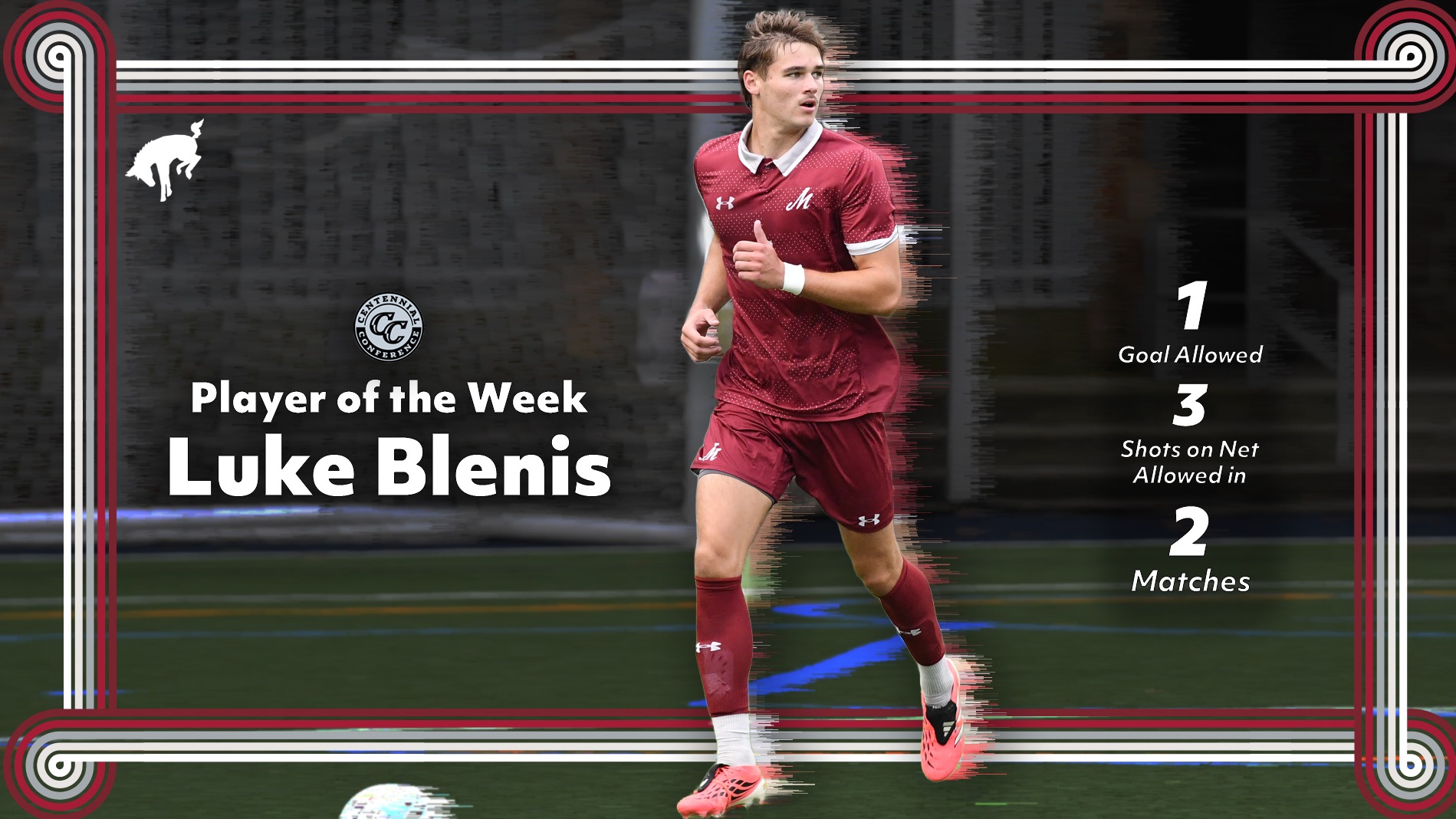 A Muhlenberg soccer player in a maroon uniform is featured as Centennial Conference Player of the Week after being part of a defense that allowed one goal and three shots on net across two matches.
