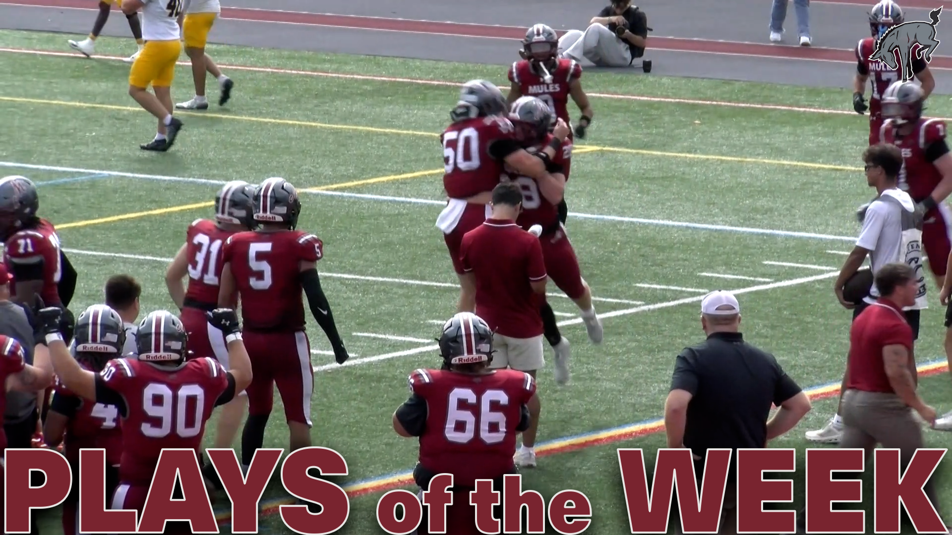 a football team celebrating on the sidelines with the text Plays of the Week in red at the bottom