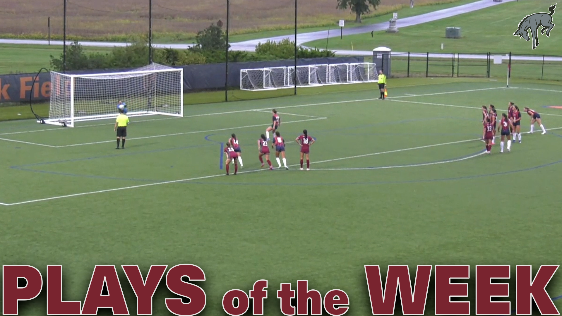a women's soccer goalie diving to her right to save a penalty kick, with the text Plays of the Week in red at the bottom