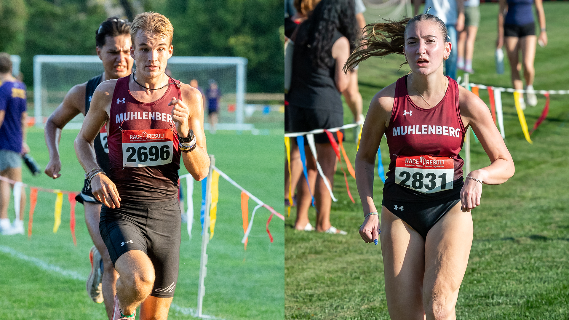 runners in red tops and black shorts, a male on the left and a female on the right