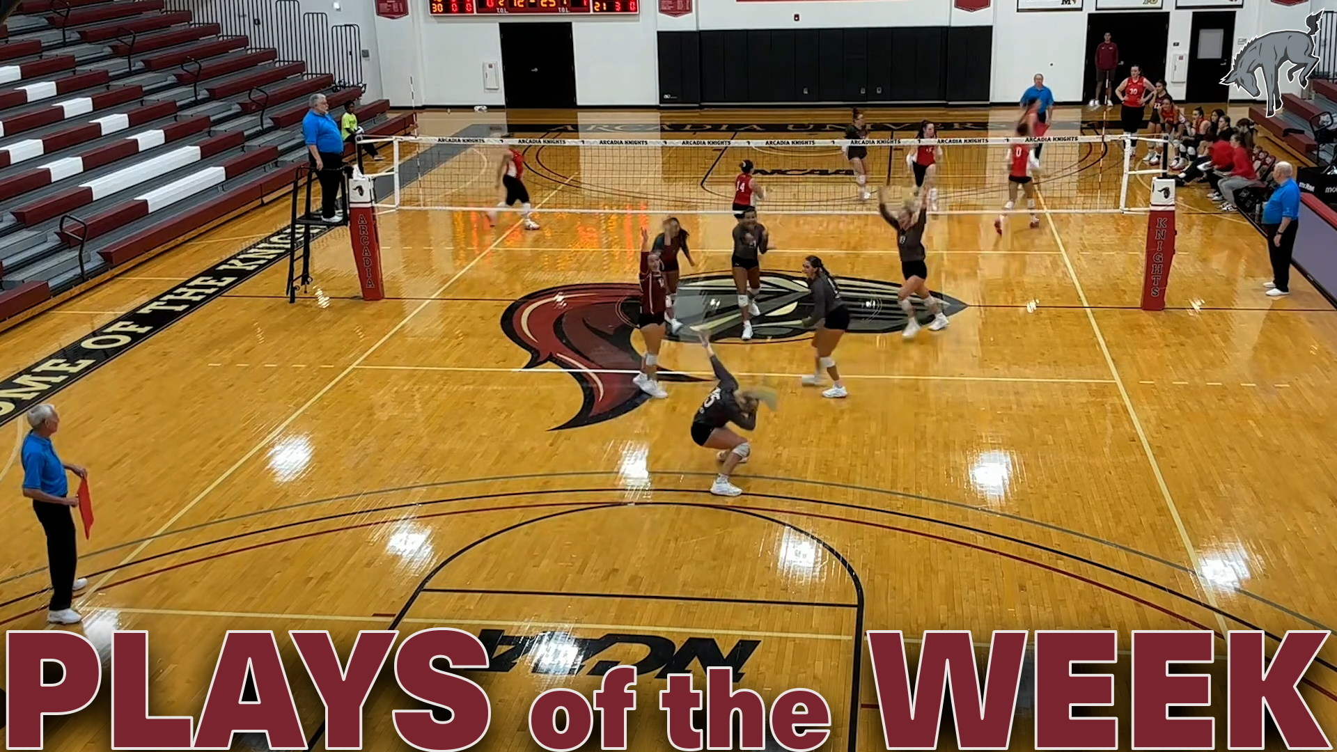 a volleyball team celebrating on a wood court with the text Plays of the Week in red at the bottom