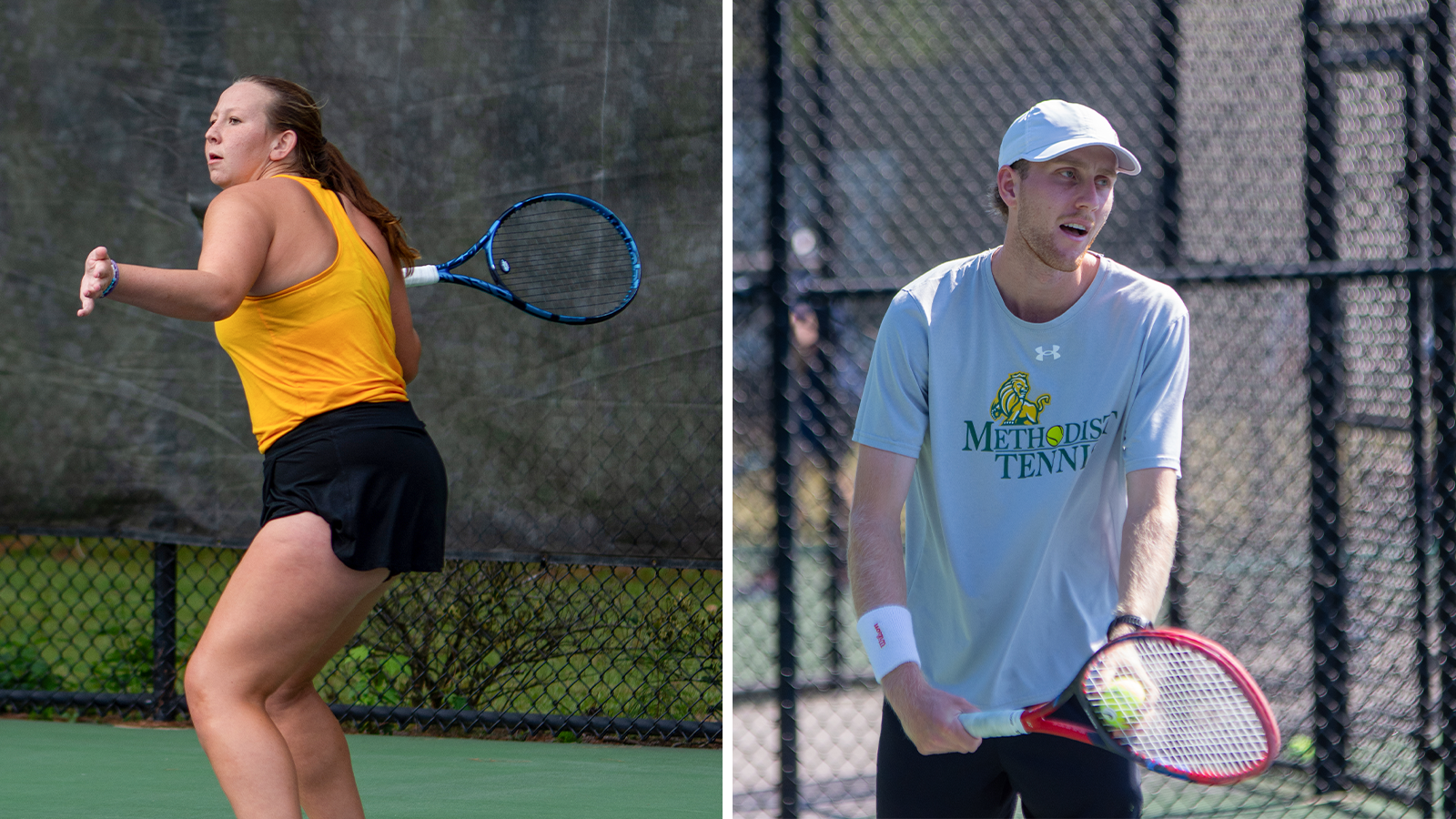 Katie Sechrist and Harry Crokam split tennis graphic vs Guilford