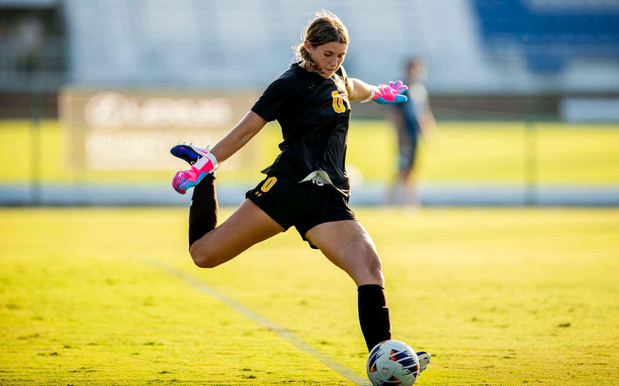 Kiera Ferguson sending the ball off on a goal kick at CNU