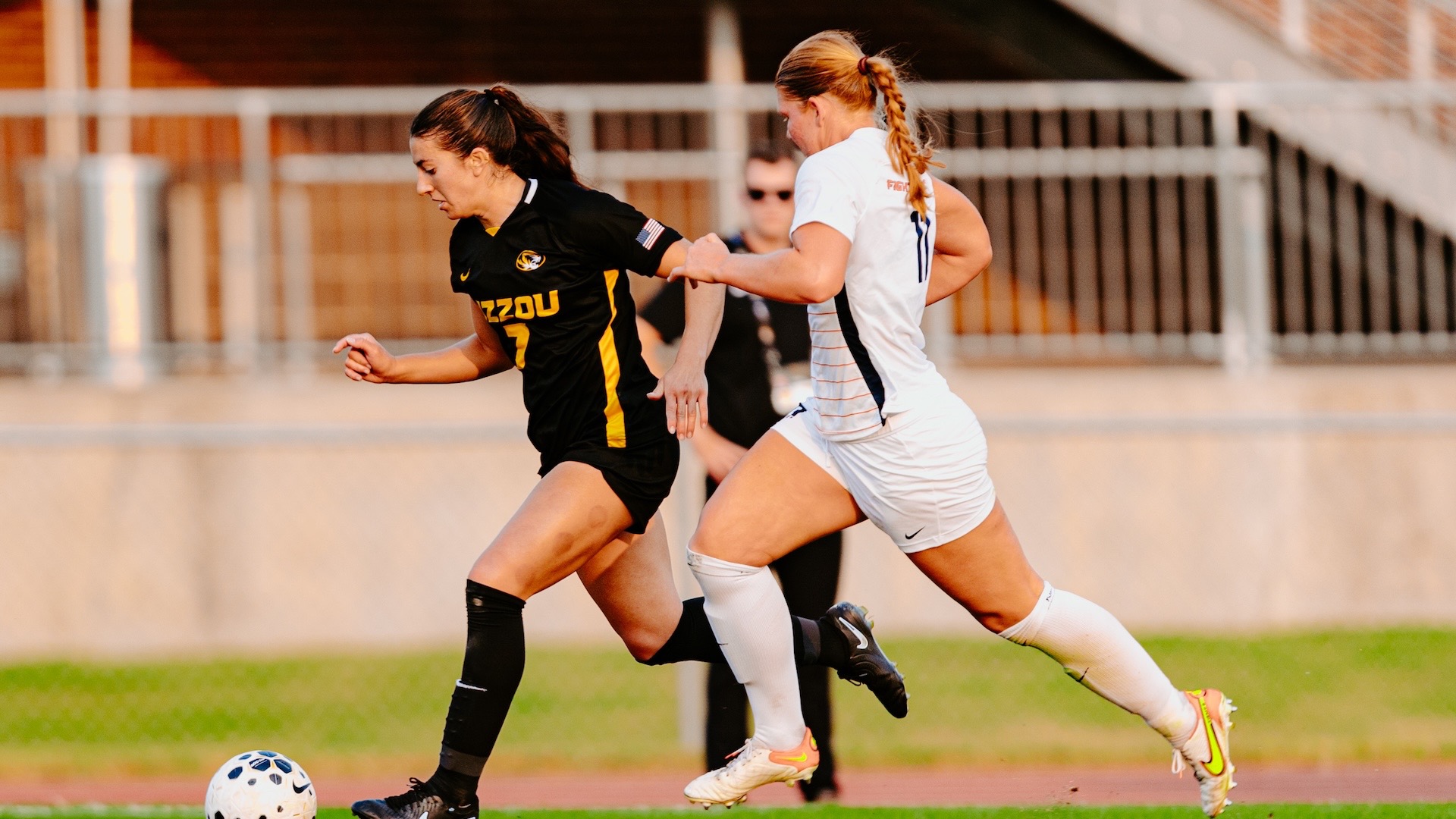 Mizzou soccer's Bella Carrillo battles for the ball in the team's game against Illinois on September 4, 2025, at Audrey J. Walton Stadium.