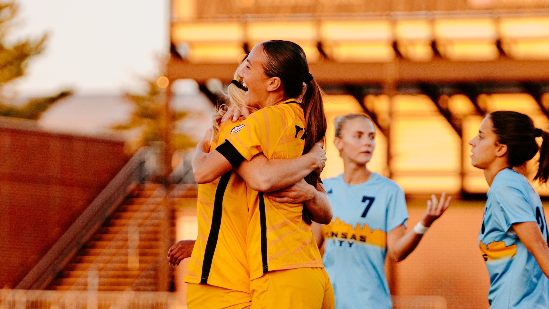 Mia Yang embraces a teammate after scoring the Mizzou soccer's lone goal in its win over Kansas City on September 7, 2025.