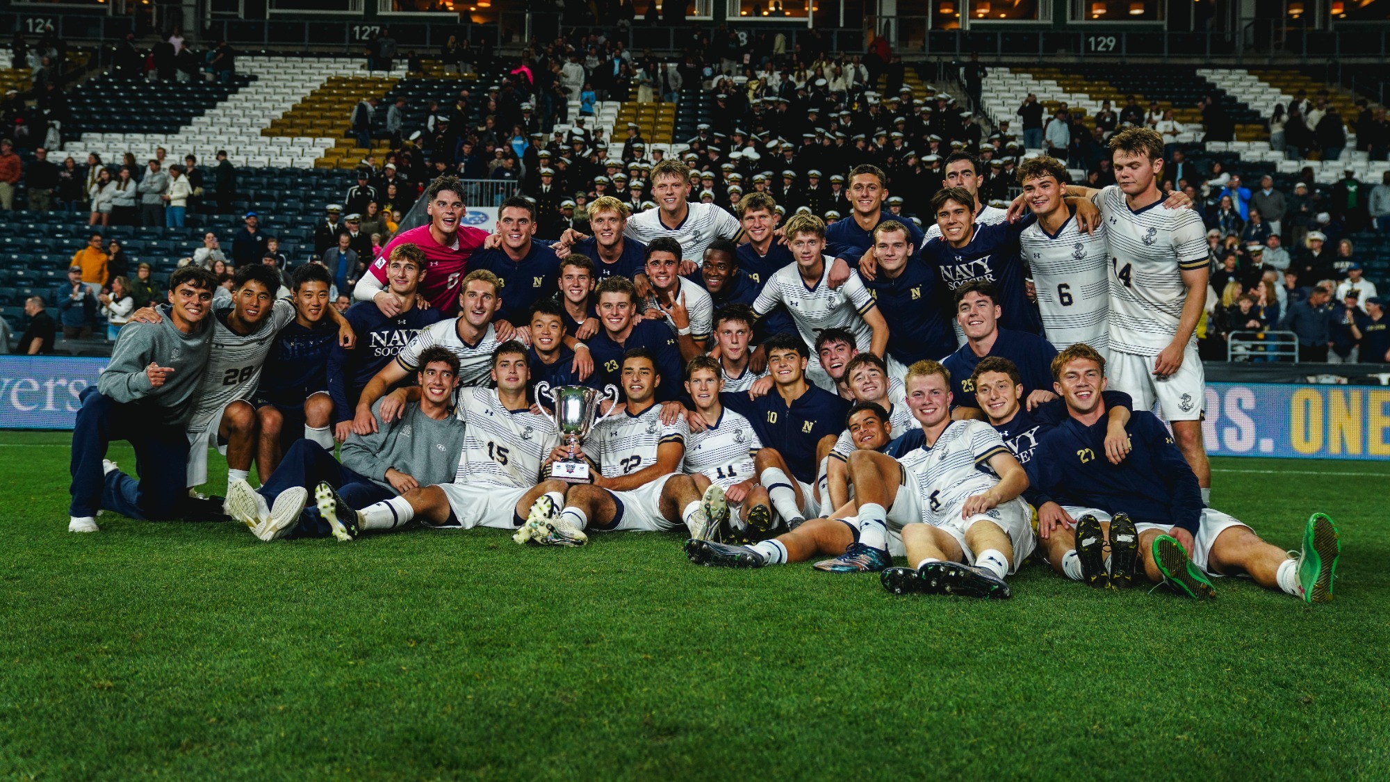 Navy men's soccer players celebrate winning Army-Navy Cup XV on Oct. 9, 2026 at Subaru Park