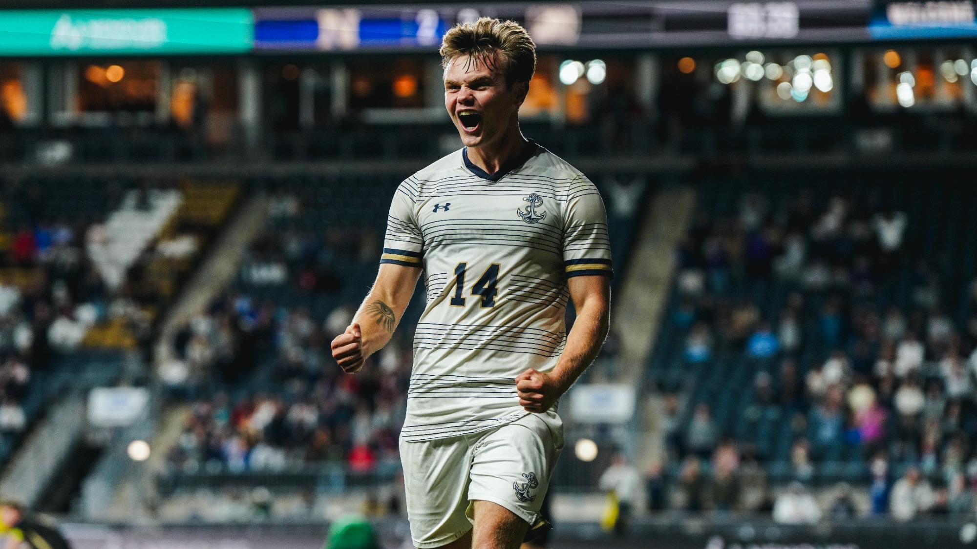 Navy junior midfielder Duncan Sullivan celebrating his goal in Army-Navy Cup XV on Oct. 9, 2026 at Subaru Park