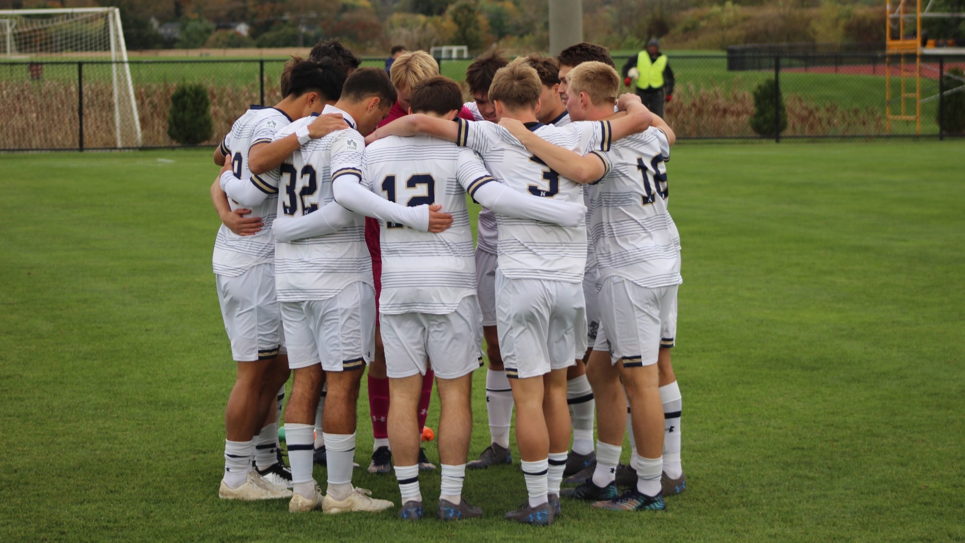 Navy men's soccer team's starter huddle at Lafayette on Oct. 17, 2026 in Easton, Pa.