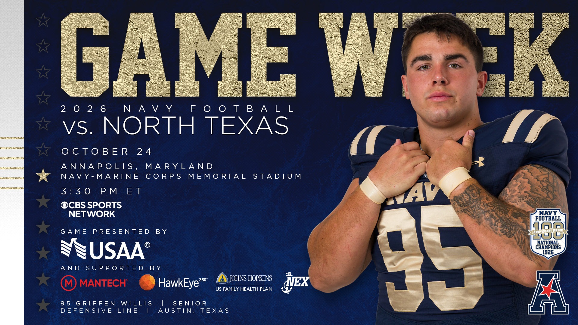 2026FB 10-24 North Texas Game Week Graphic featuring Griffen Willis