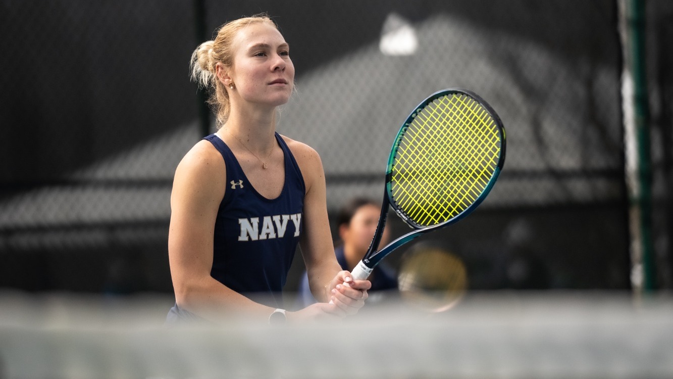Navy women's tennis junior Manci Pal getting set in doubles play against Bucknell on March 22, 2026 in Annapolis, Md.