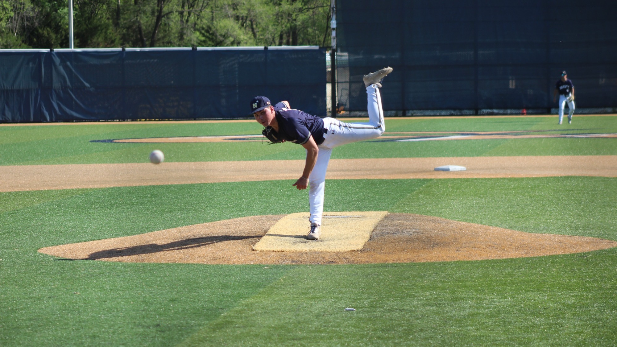 Navy baseball junior Timmy Virtudes delivers a pitch at George Washington on April 14, 2026 in Arlington, Va.