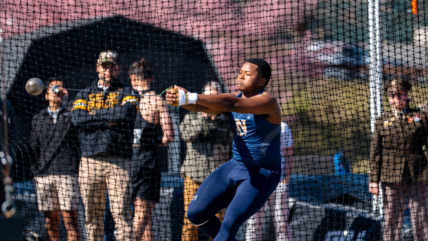 Aaron Spears throwing the hammer throw at the Army-Navy Outdoor Star Meet