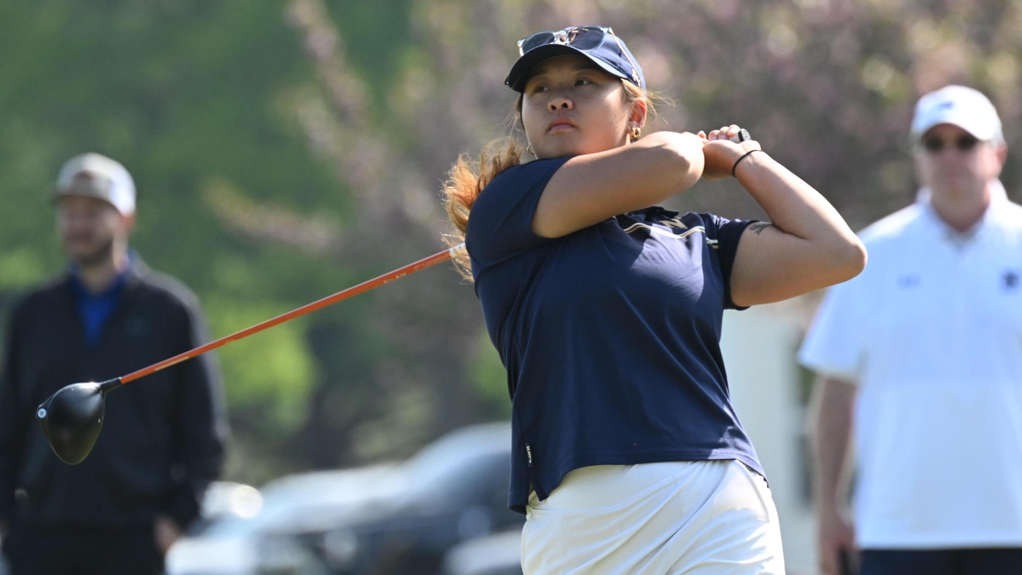 Navy junior Emma Tang tees off at 2026 Patriot League Women's Golf Championship on April 18, 2026