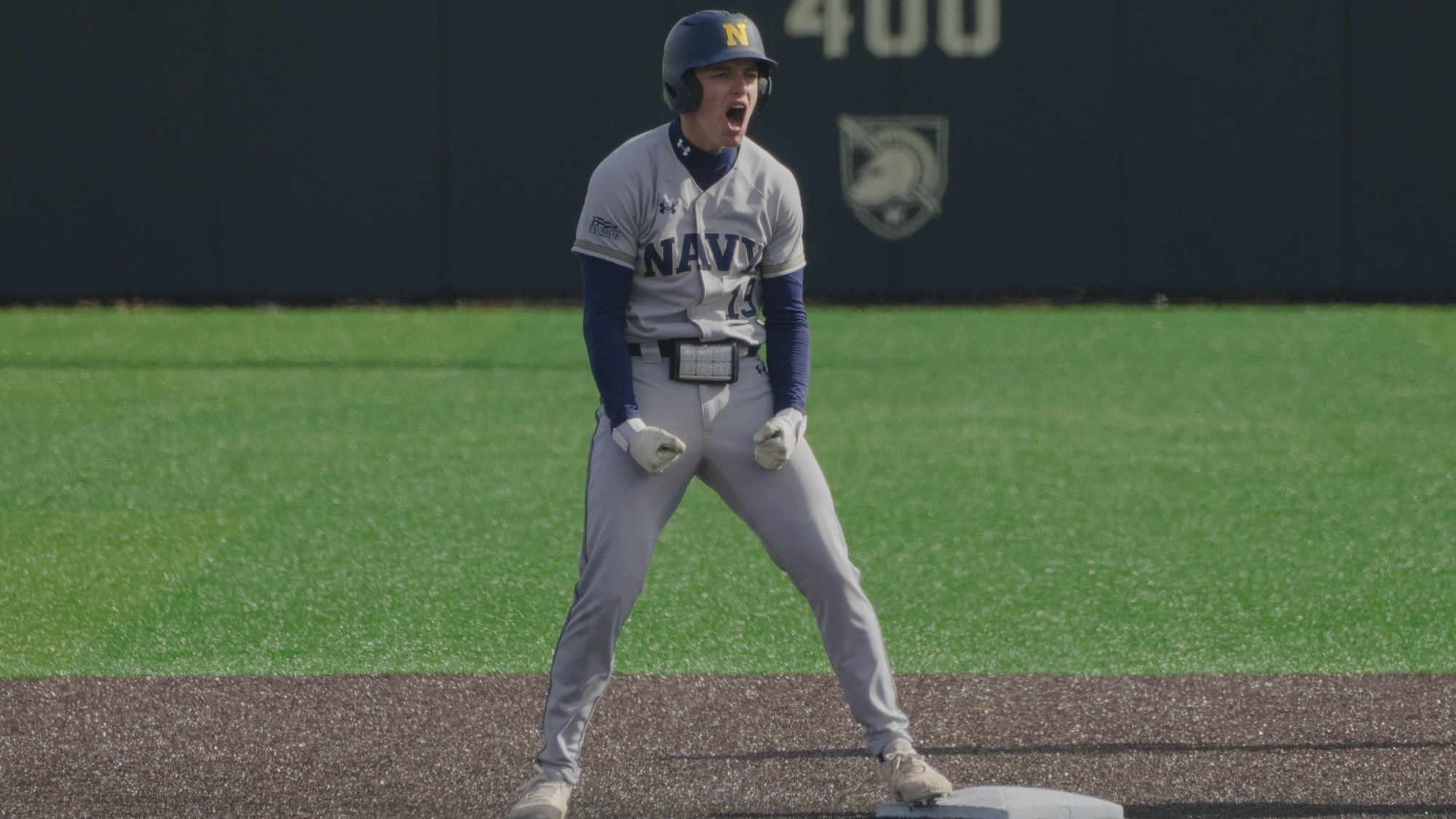 Navy baseball freshman Tyler Cripe celebrating at Army on March 28 2026