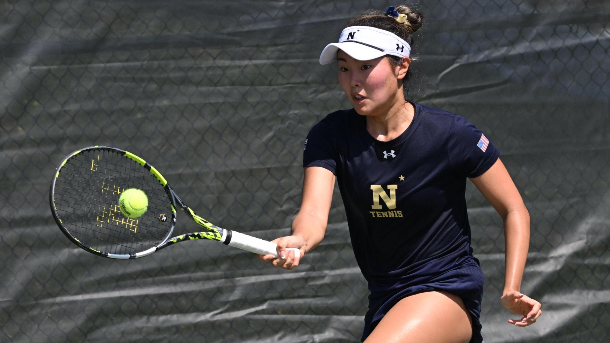 Navy women's tennis freshman Jina Cha against Army on April 4, 2026