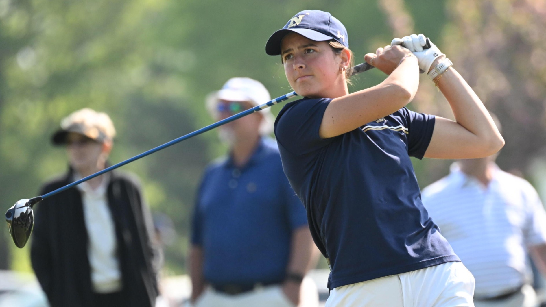 Navy women's golf sophomore Megan Kirkpatrick teeing off for the second round of the 2026 Patriot League Championship on April 18, 2026 in Annapolis, Md.