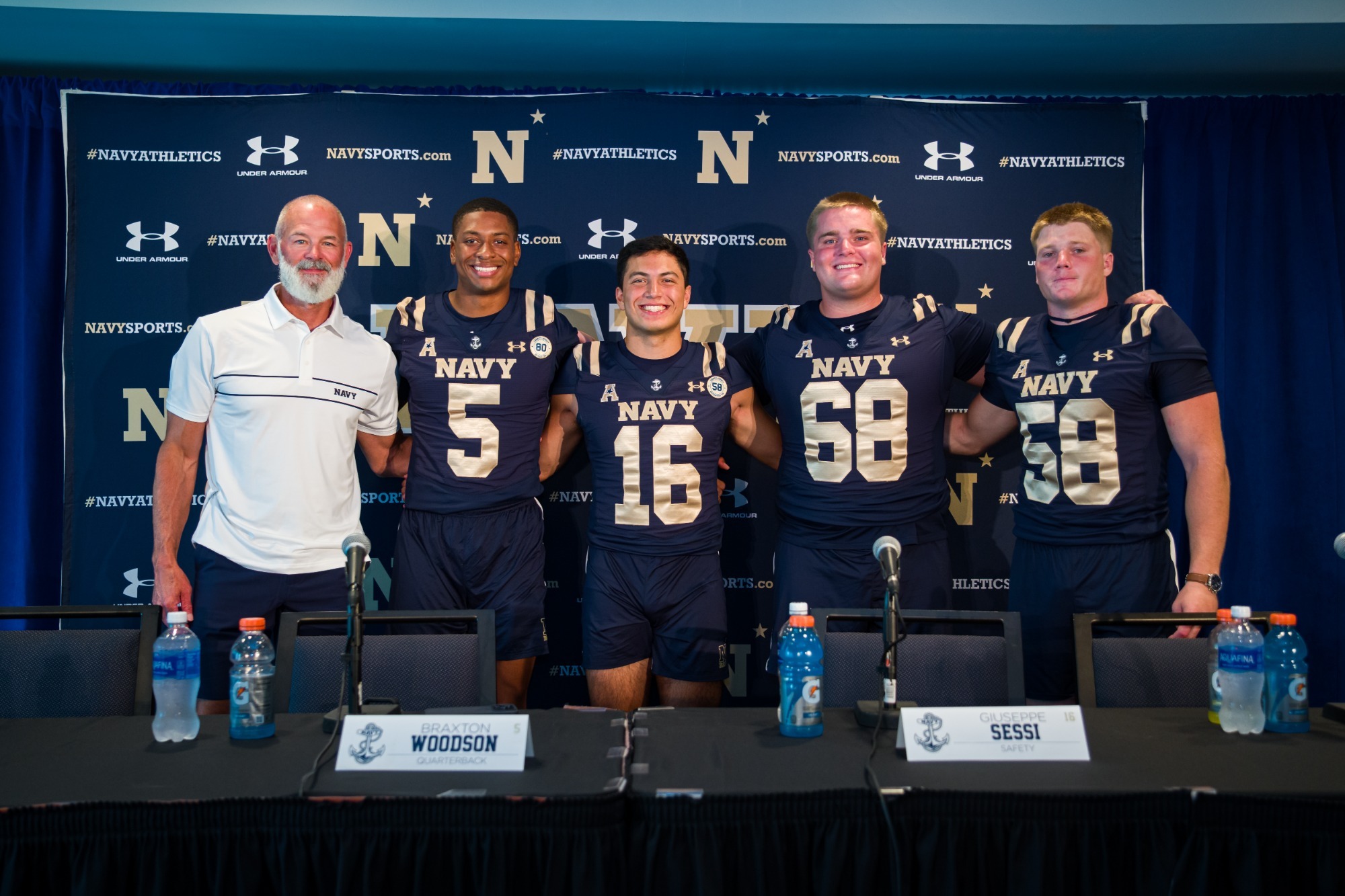 Navy Football Head Coach Brian Newberry, team captains Braxton Woodson and Giuseppe Sessi and seniors Hoke Smith III and Coleman Cauley