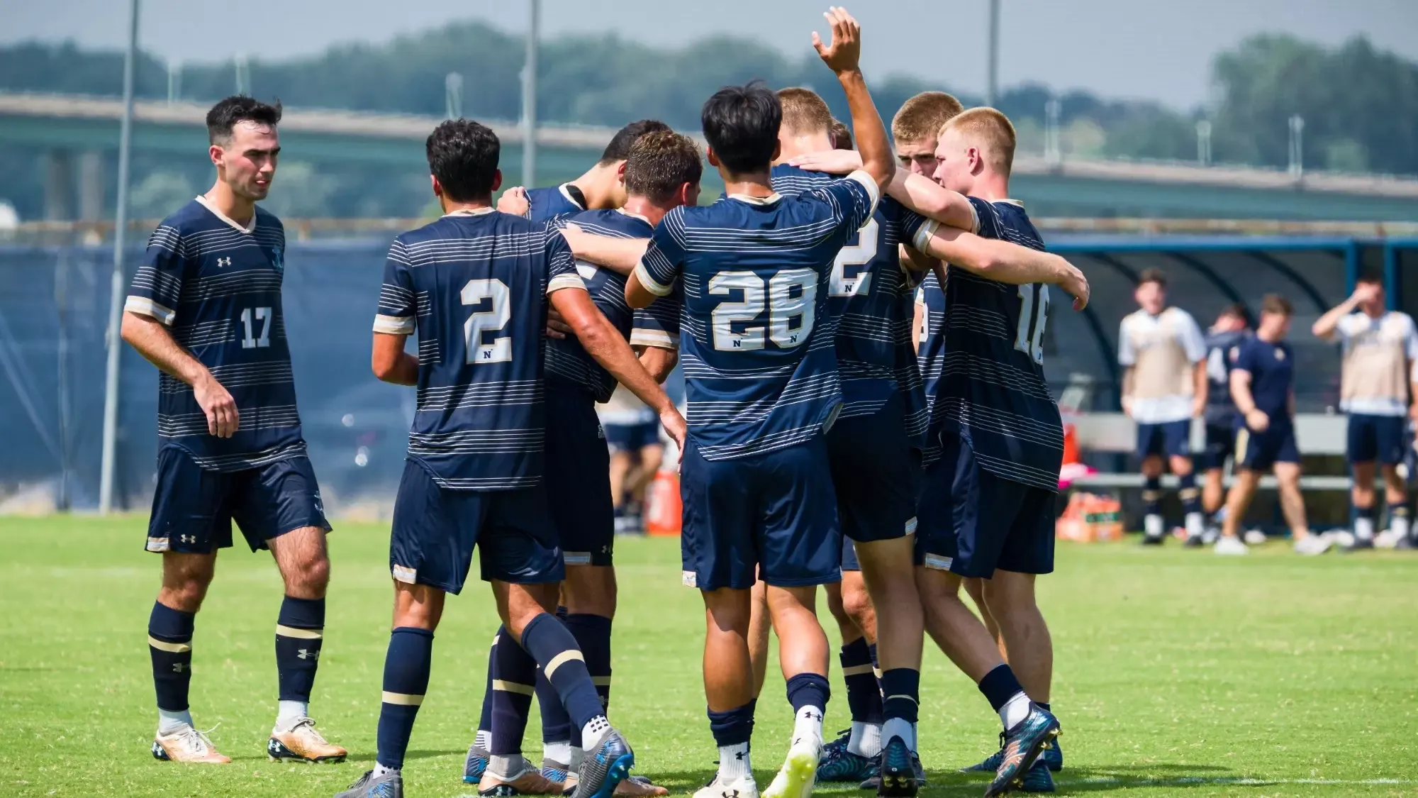 Navy men's soccer freshman Will Smith celebrates with his teammates following his goal vs. Presbyterian on Aug. 31, 2026 in Annapolis, Md.