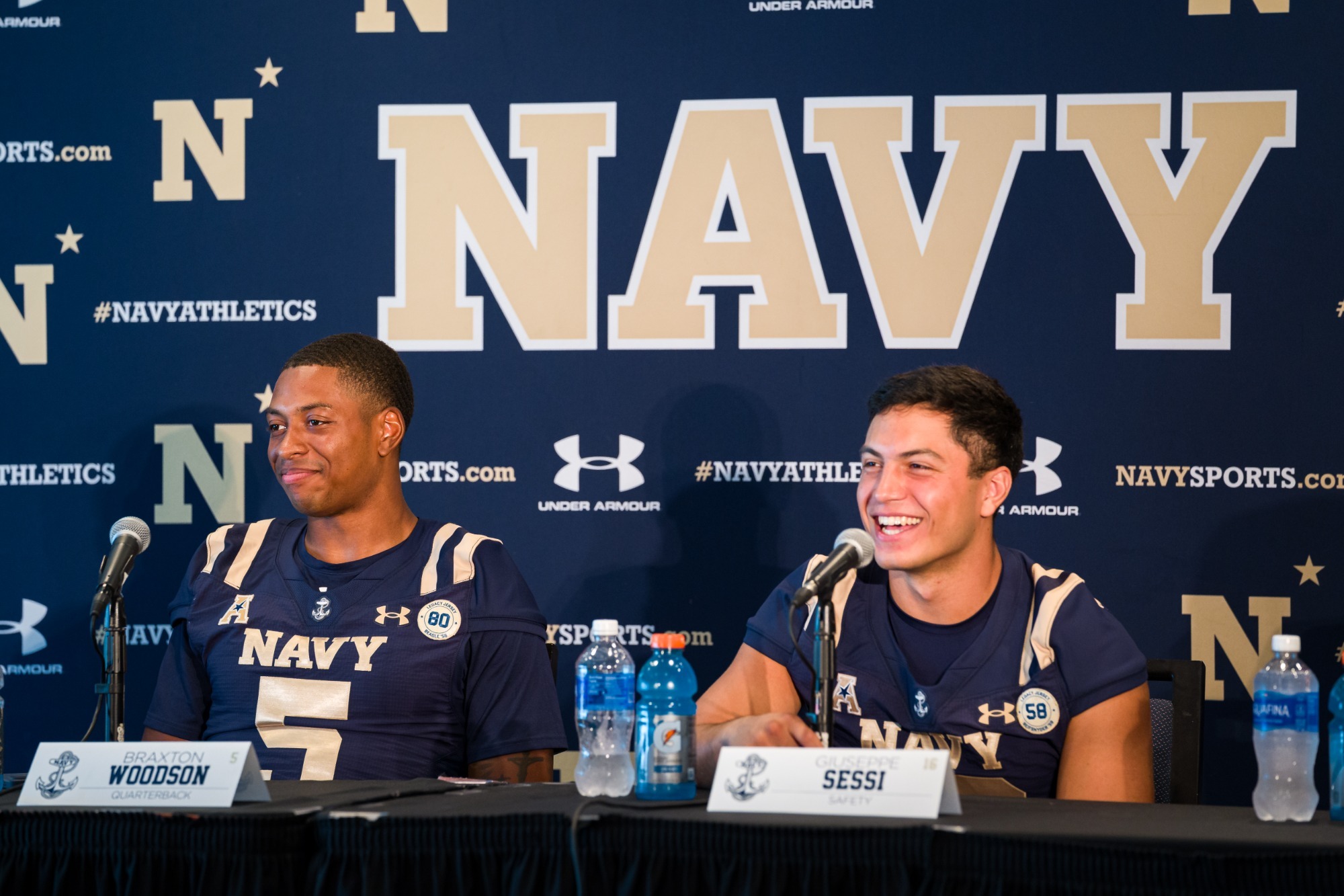 Braxton Woodson and Giuseppe Sessi share a laugh during media day