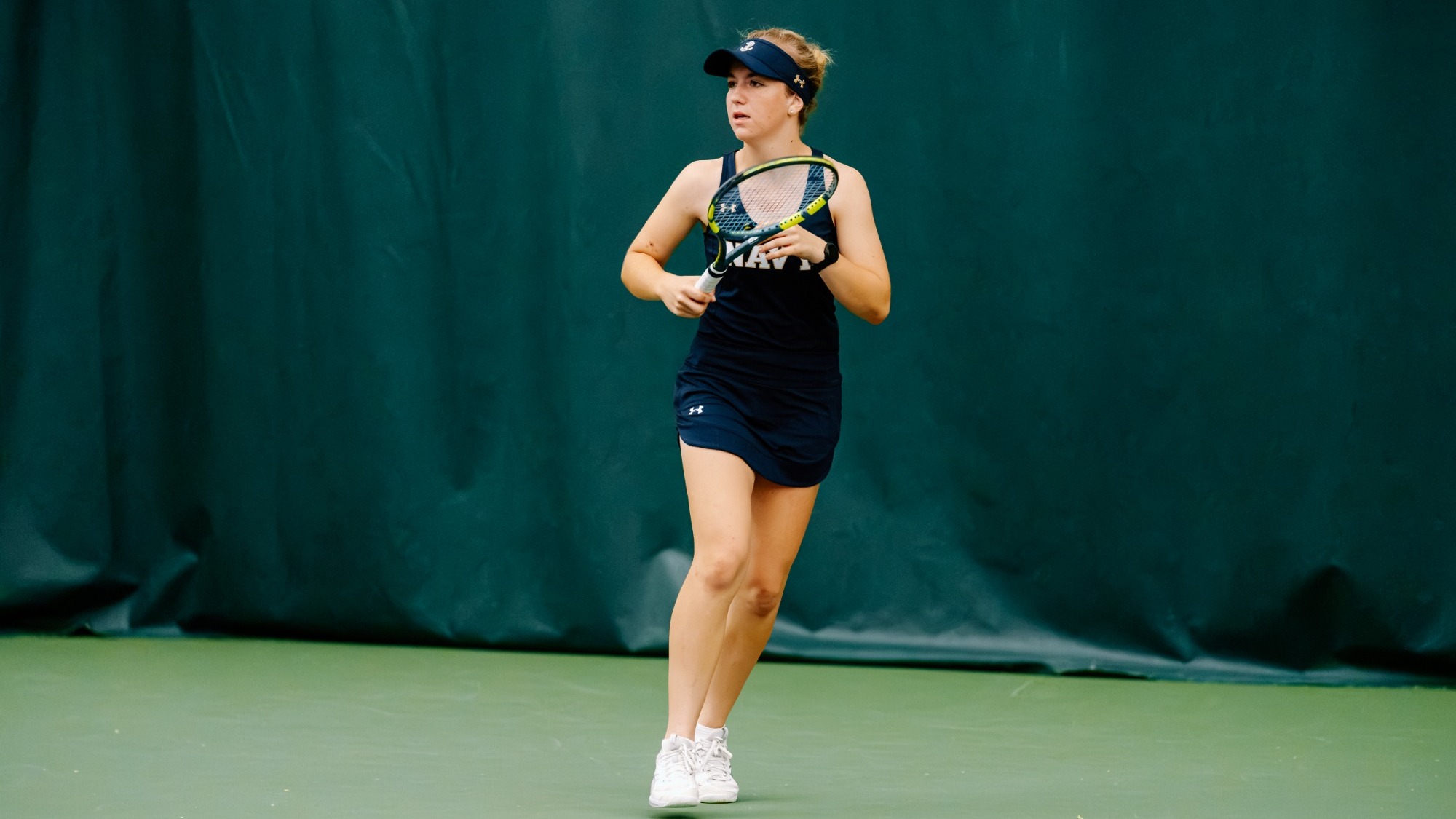 Navy women's tennis freshman Mary Cain Webster at the 2026 Bill and Sandra Moore Invitational on Sept. 20, 2026