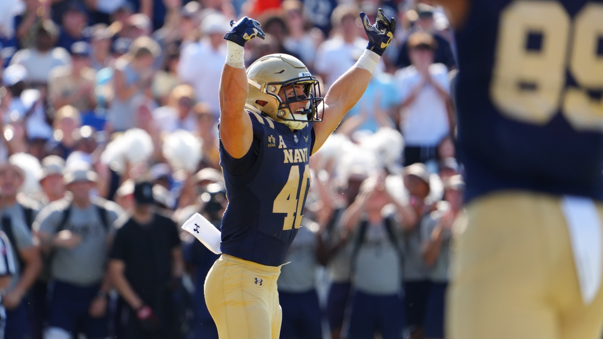 Navy senior running back Vic Listorti celebrates after scoring his first career touchdown vs. Towson on September 5, 2026 at Navy-Marine Corps Memorial Stadium in Annapolis, Md.