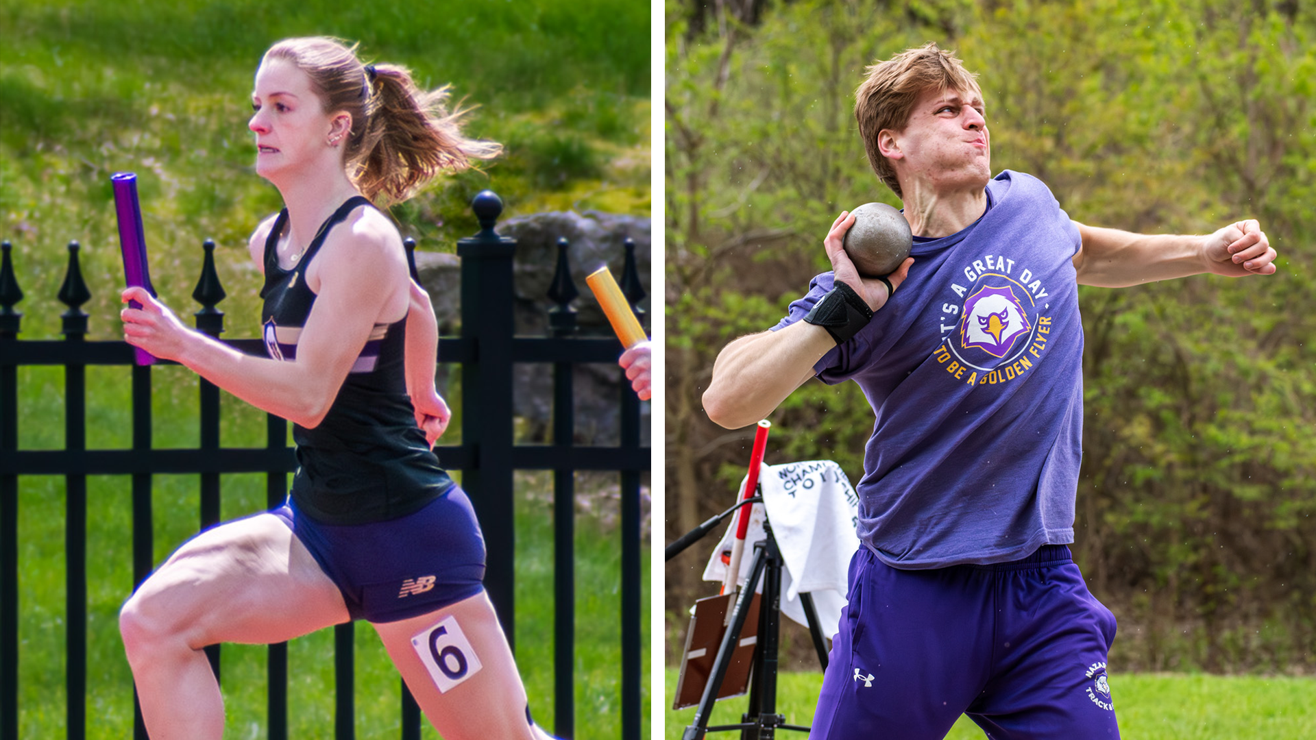 Alania Morley running relay and Aaron Lund throwing shot put 