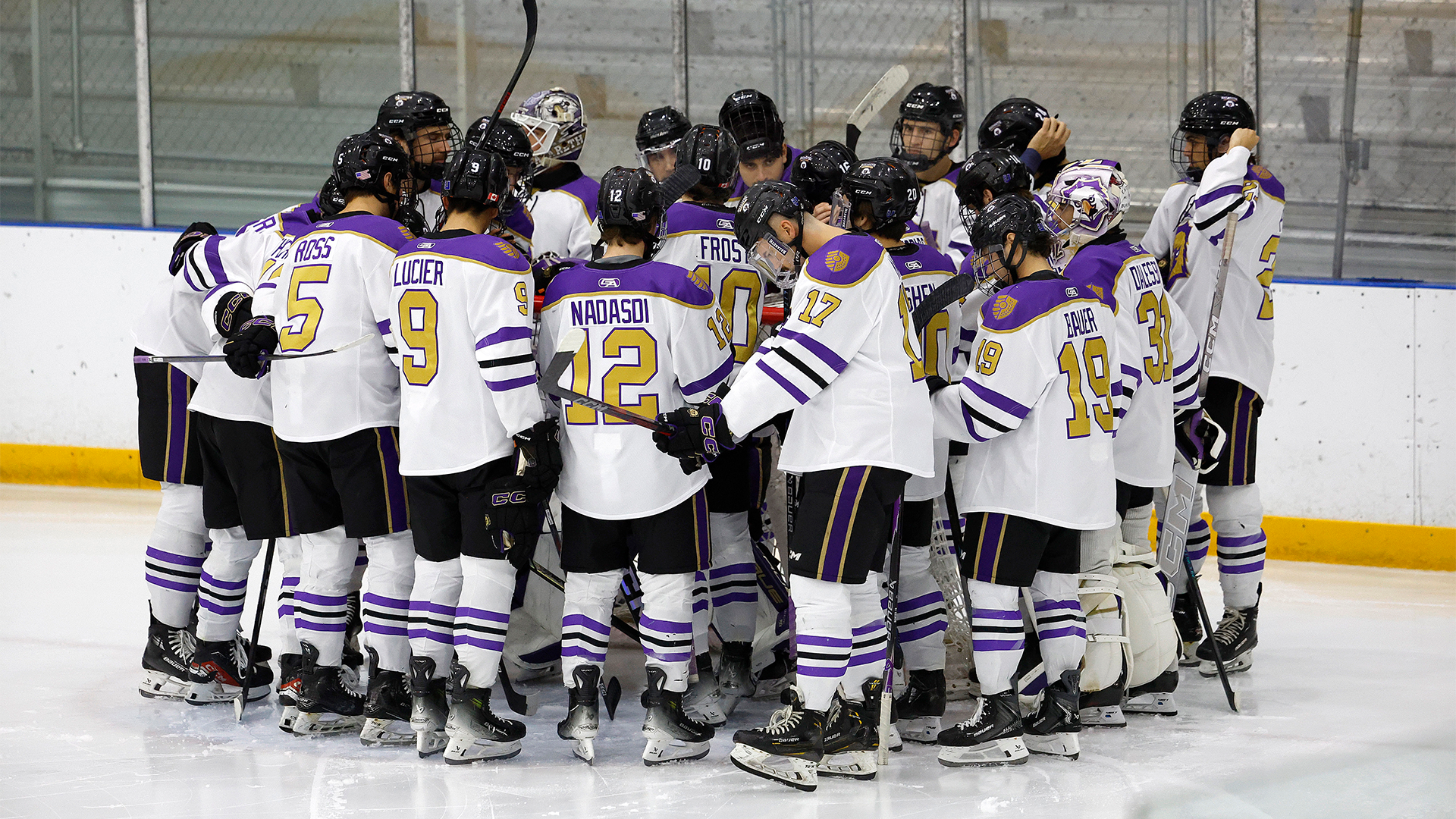 Men's Hockey team huddle 
