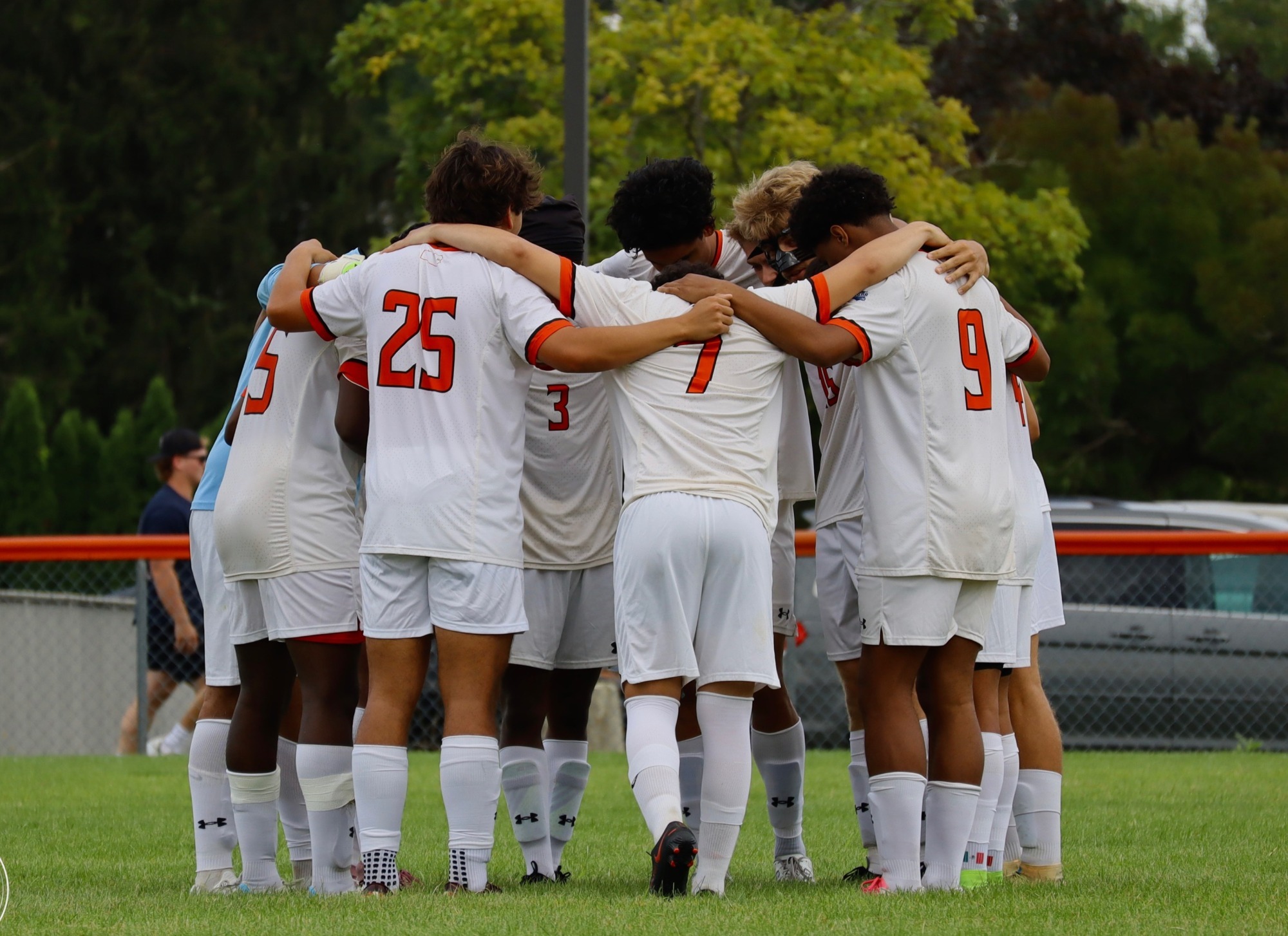 Men's Soccer Team Huddle on Field