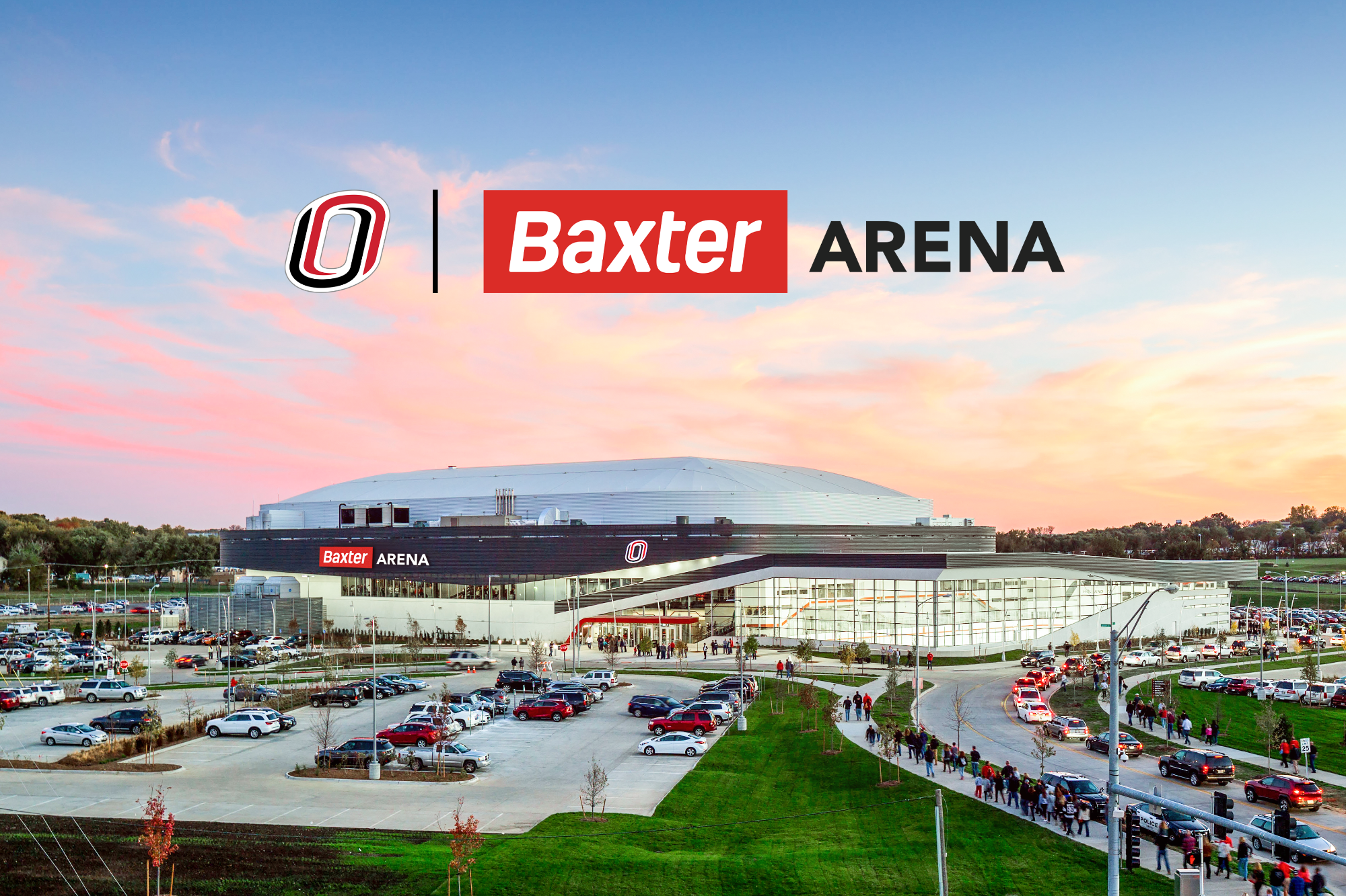Baxter Arena exterior photo with rendering of new signage