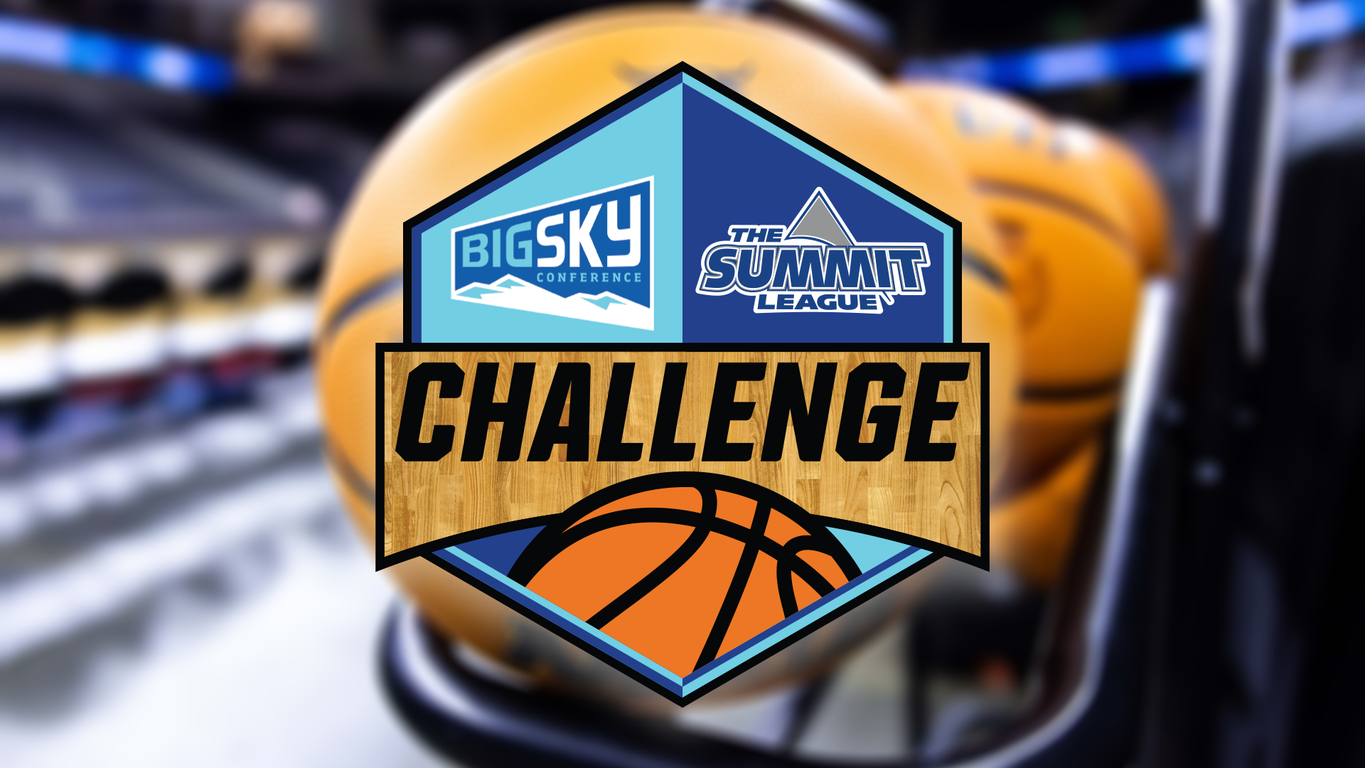 Big Sky-Summit Challenge logo over a basketball on a cart