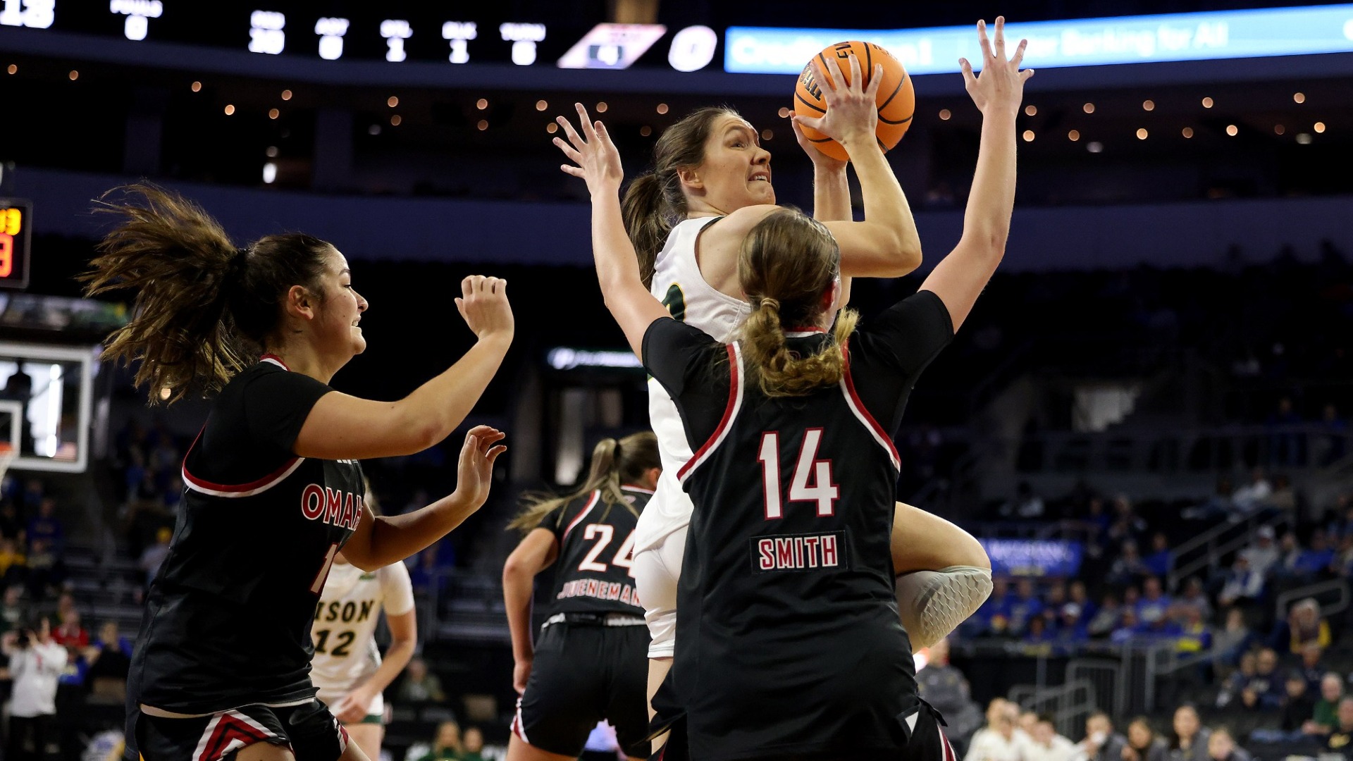 SIOUX FALLS, SD - MARCH 5: Abby Graham #10 of the North Dakota State Bison shoots the ball over Avril Smith #14 of the Omaha Mavericks at the 2026 Summit League Basketball Championship at the Denny Sanford Premier Center in Sioux Falls, South Dakota. (Photo by Dave Eggen/Inertia)