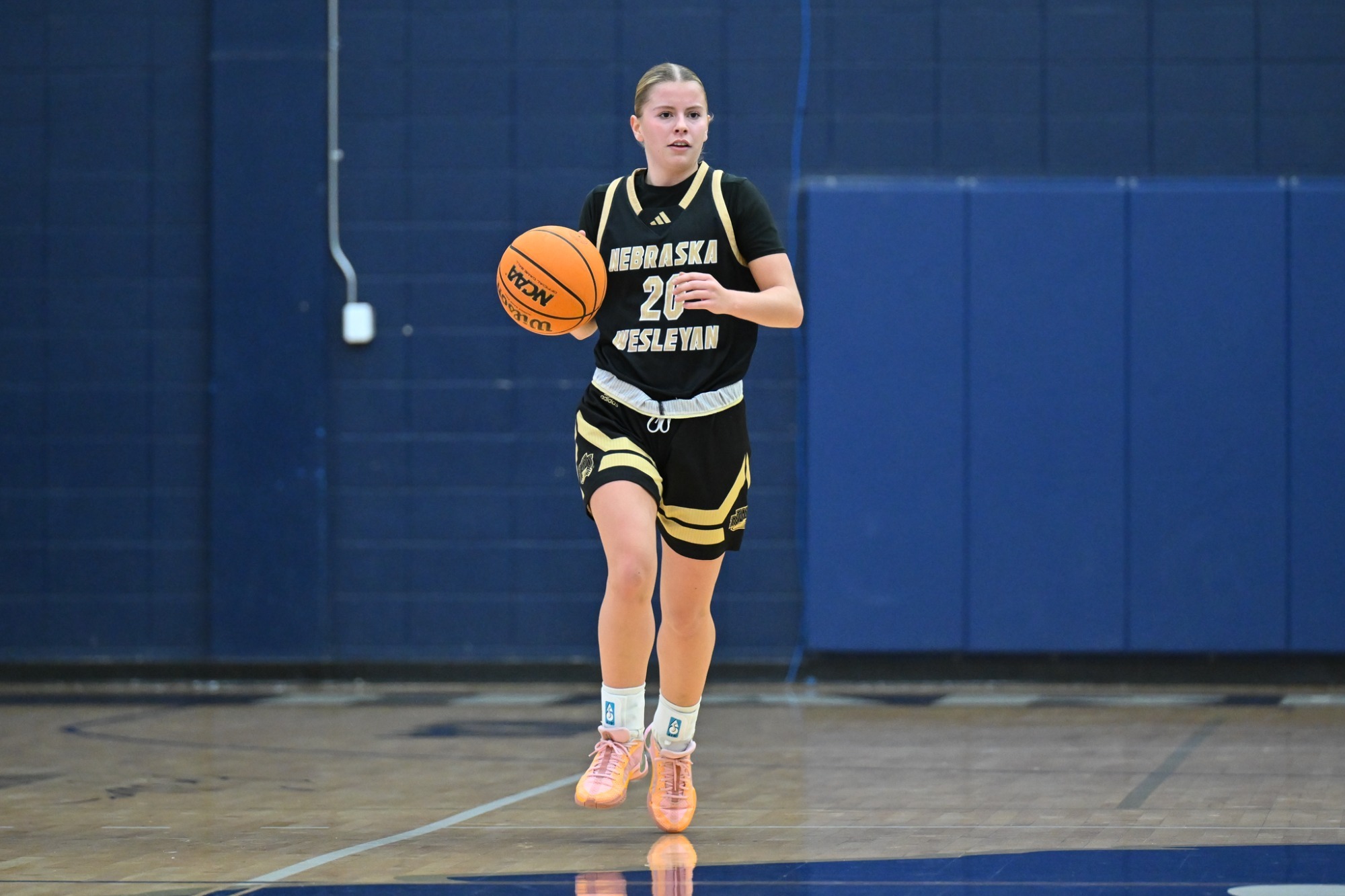 Brynn Sebek dribbles up the court against South Dakota School of Mines