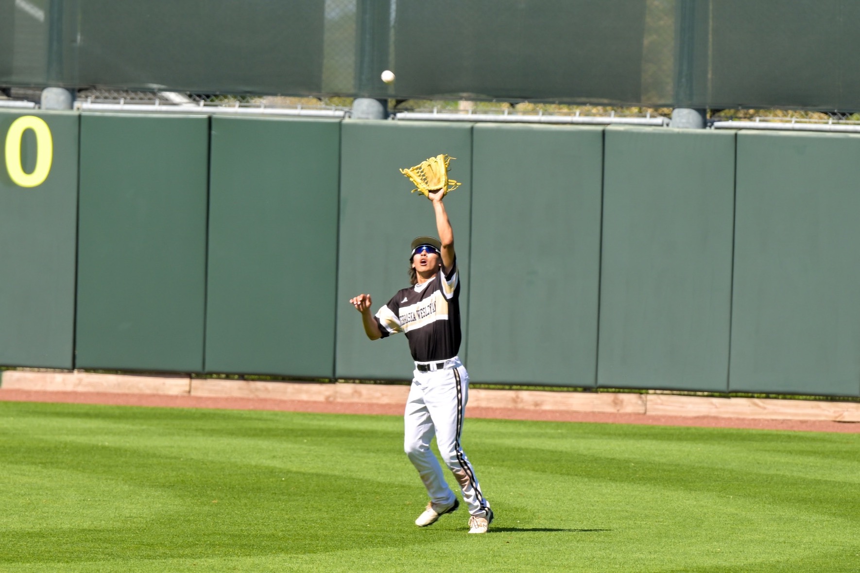 Aaron Chazin catches a fly ball in deep center field