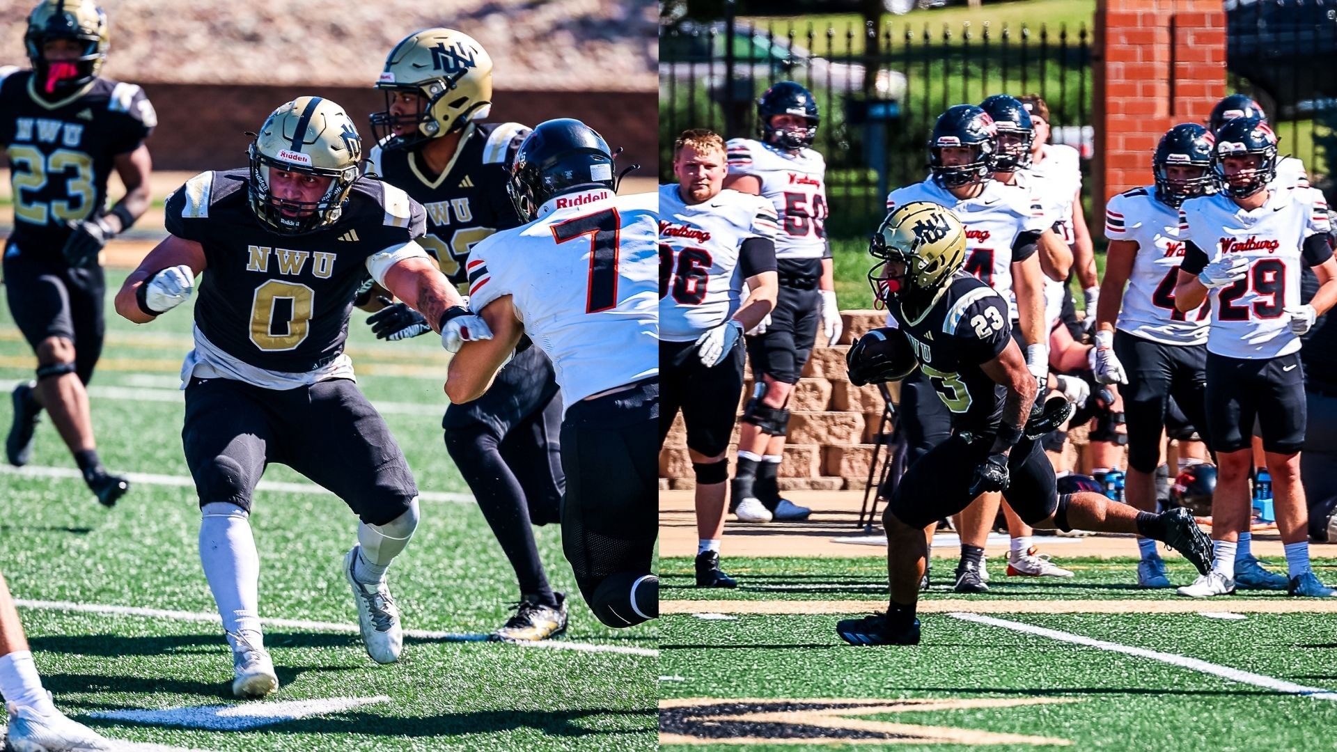 Owen Long squares up for a tackle & Ian Gebhardt runs for a punt return touchdown